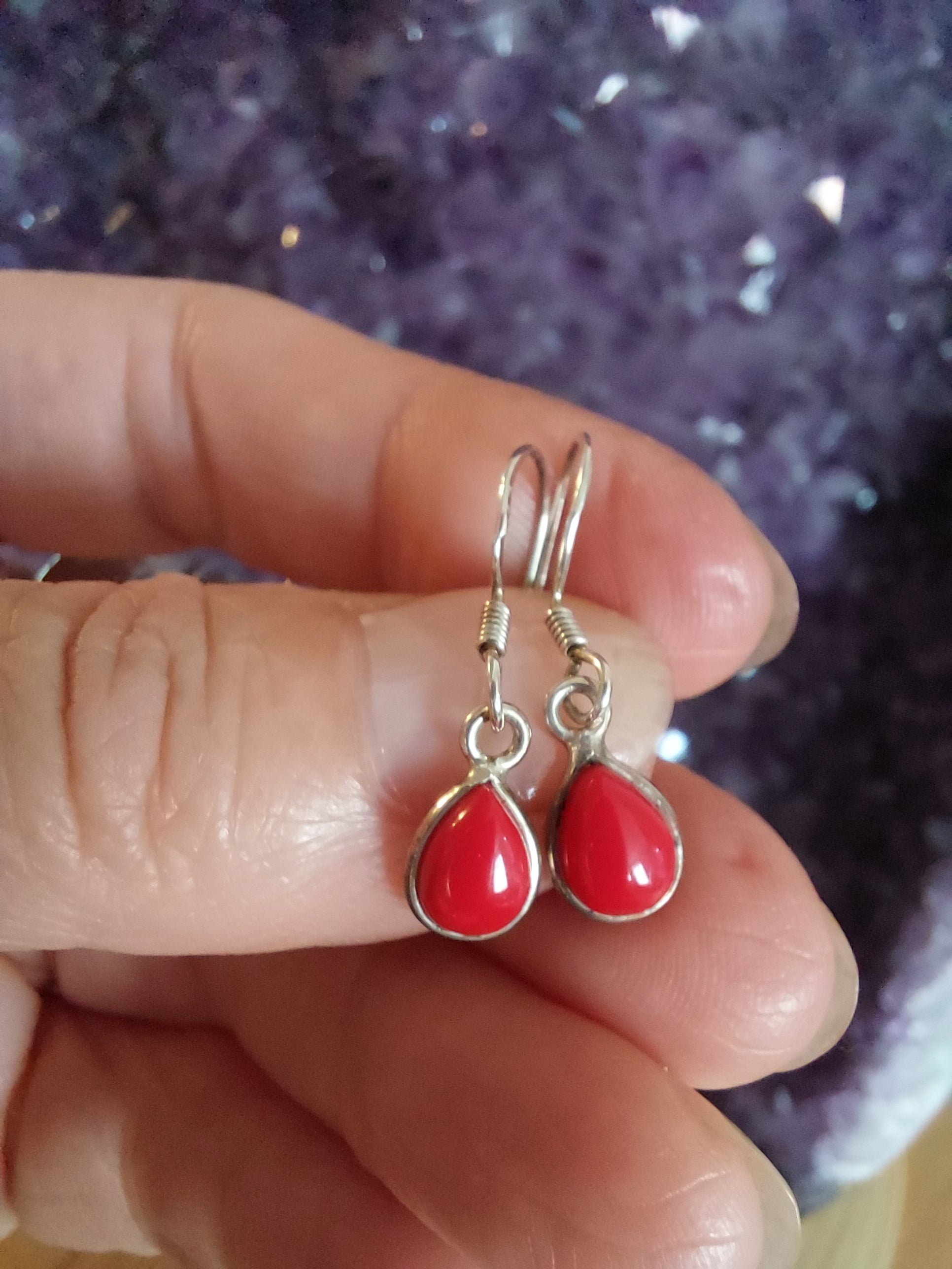 Red Coral Teardrop Drop Earrings - 925 Sterling Silver (farmed & sustainable)