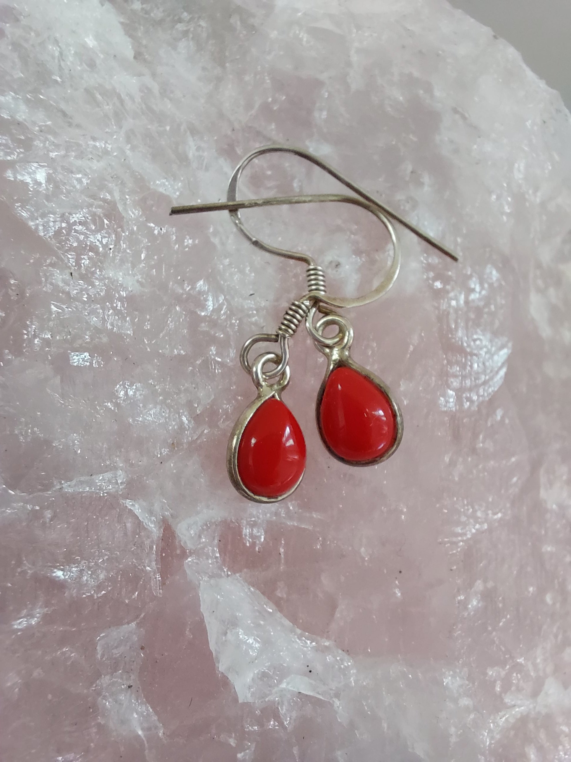 Red Coral Teardrop Drop Earrings - 925 Sterling Silver (farmed & sustainable)