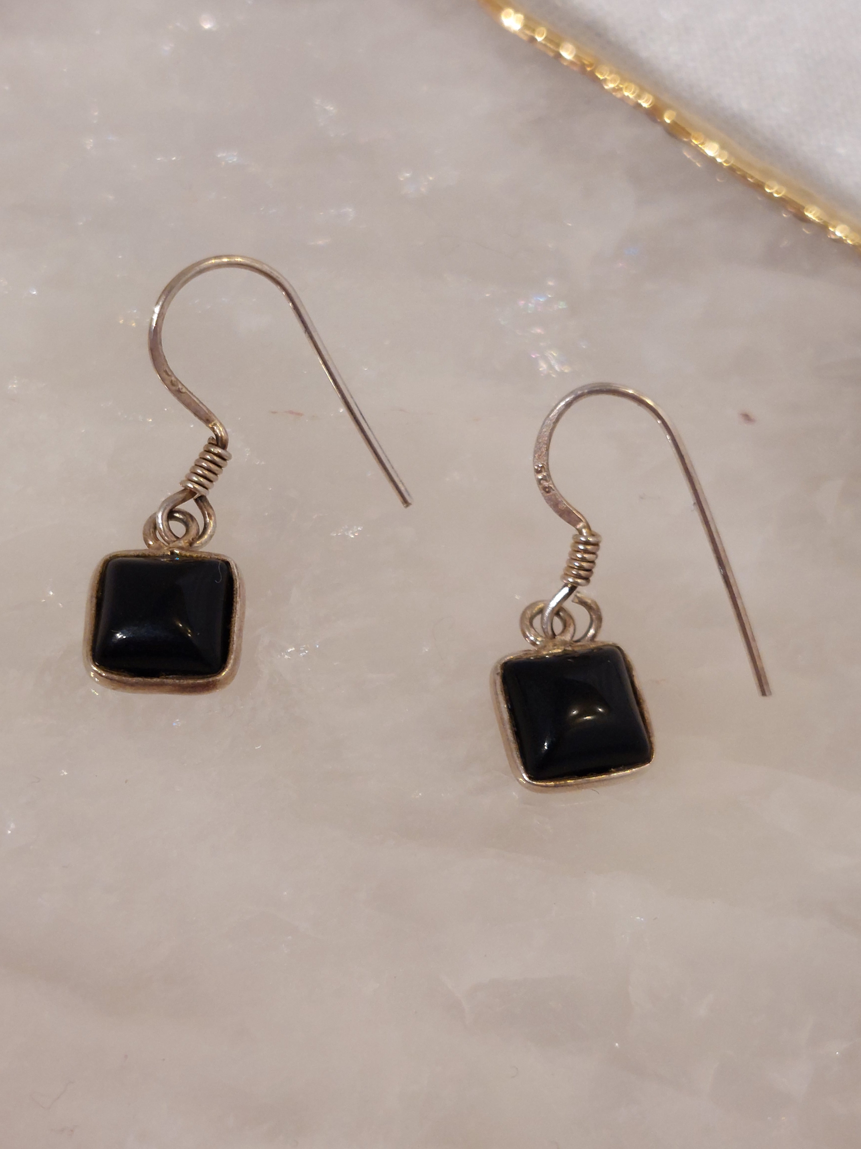 Black Onyx Square Drop Earrings - 925 Sterling Silver
