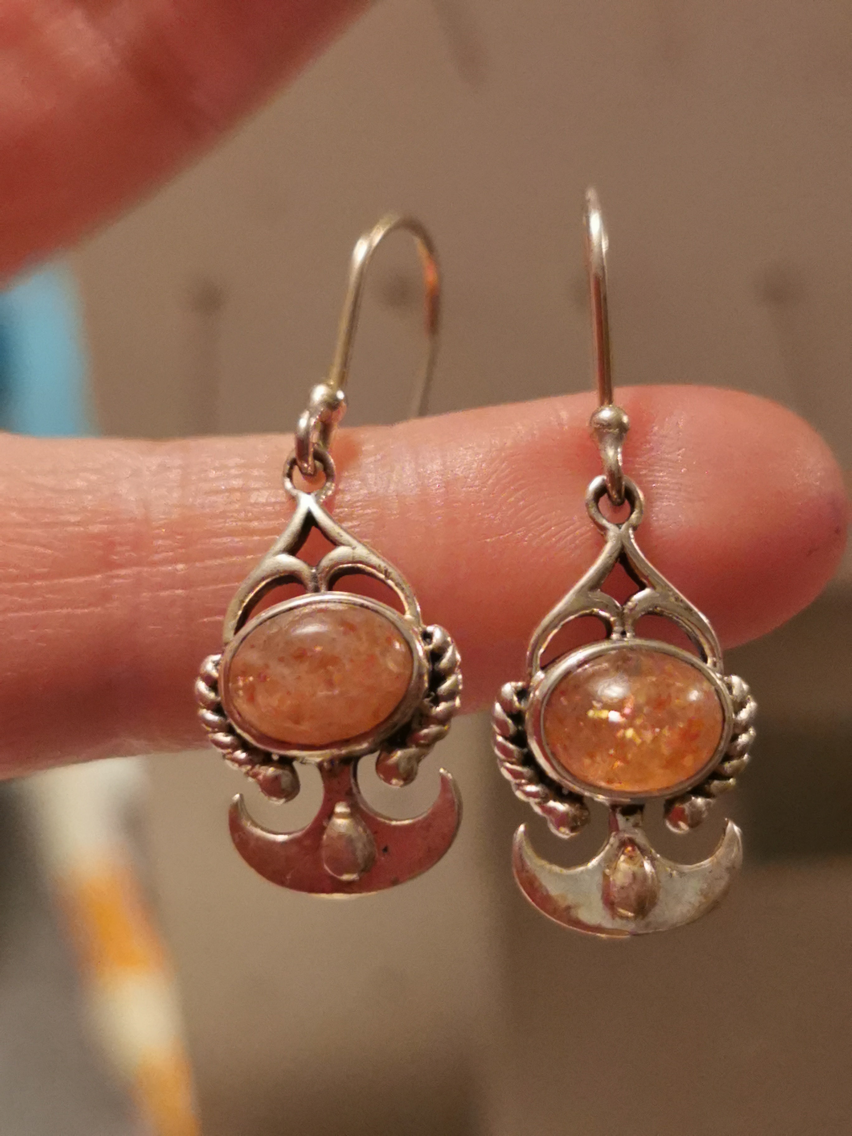 Sunstone Oval with Fancy Silver surround Drop Earrings - 925 Sterling Silver