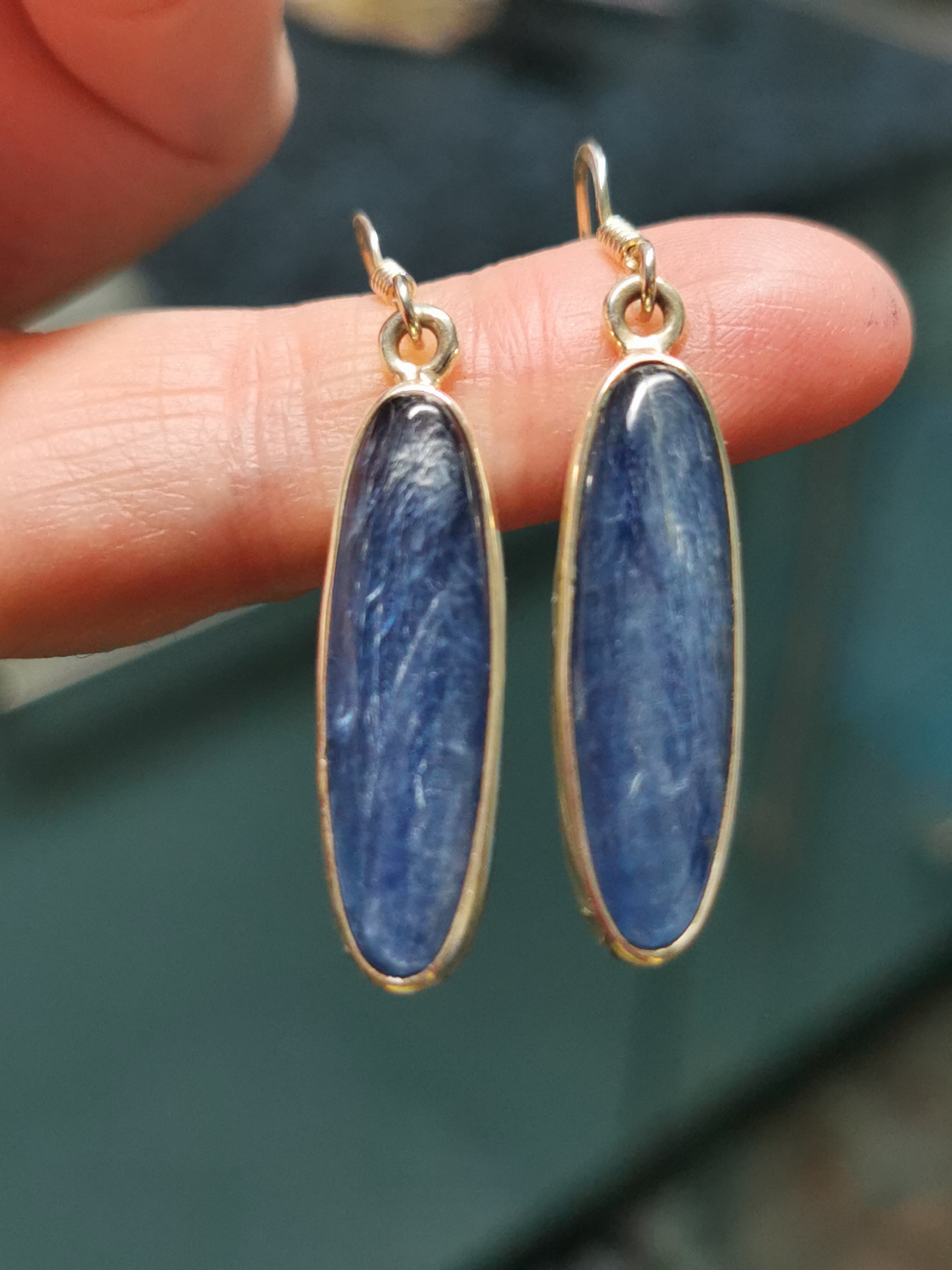 Kyanite Long Thin Oval Drop Earrings