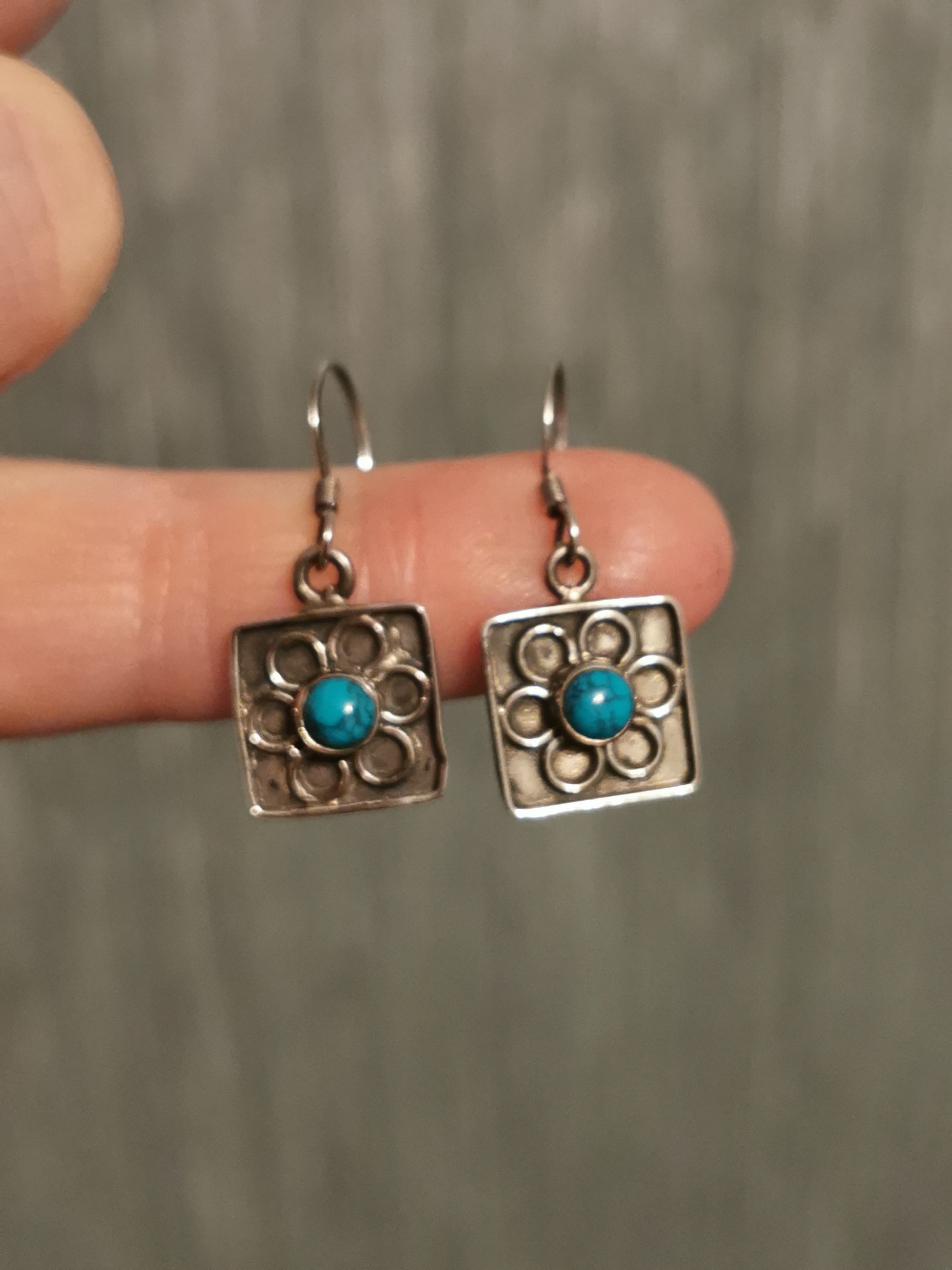 Turquoise Square Flower Drop Earrings
