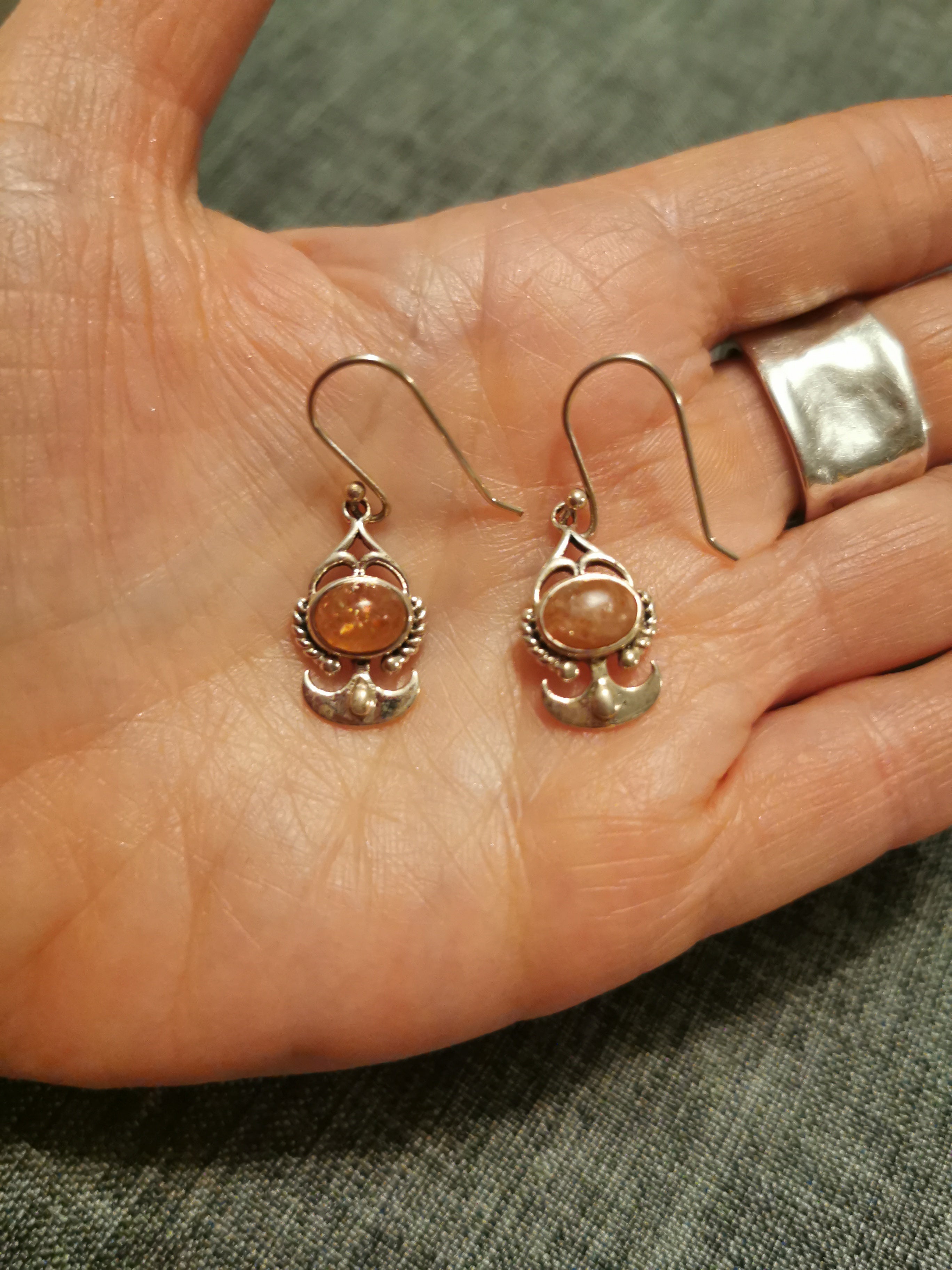 Sunstone Oval with Fancy Silver surround Drop Earrings - 925 Sterling Silver