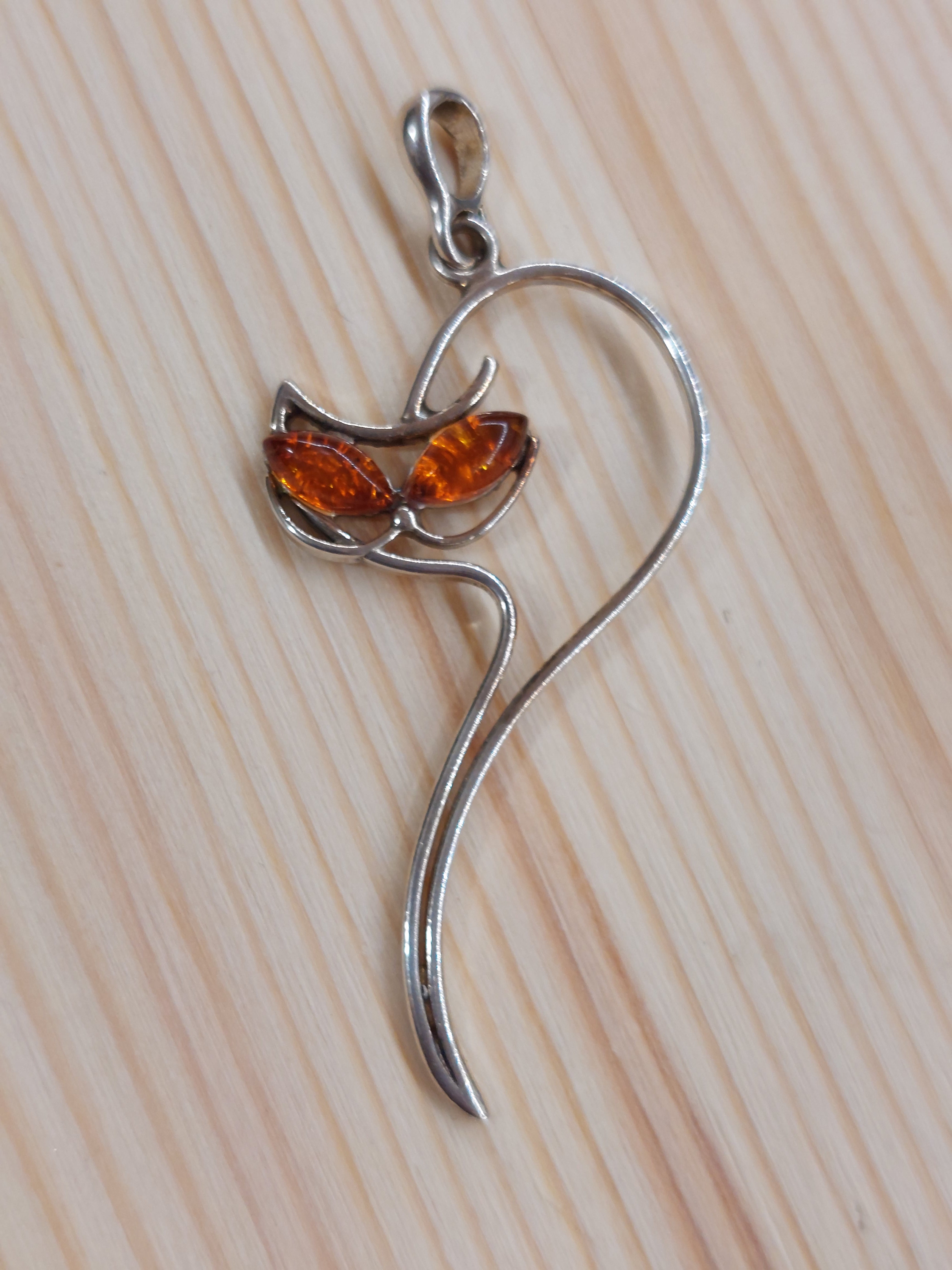 Amber Stylised Cat Pendant - 925 Sterling Silver