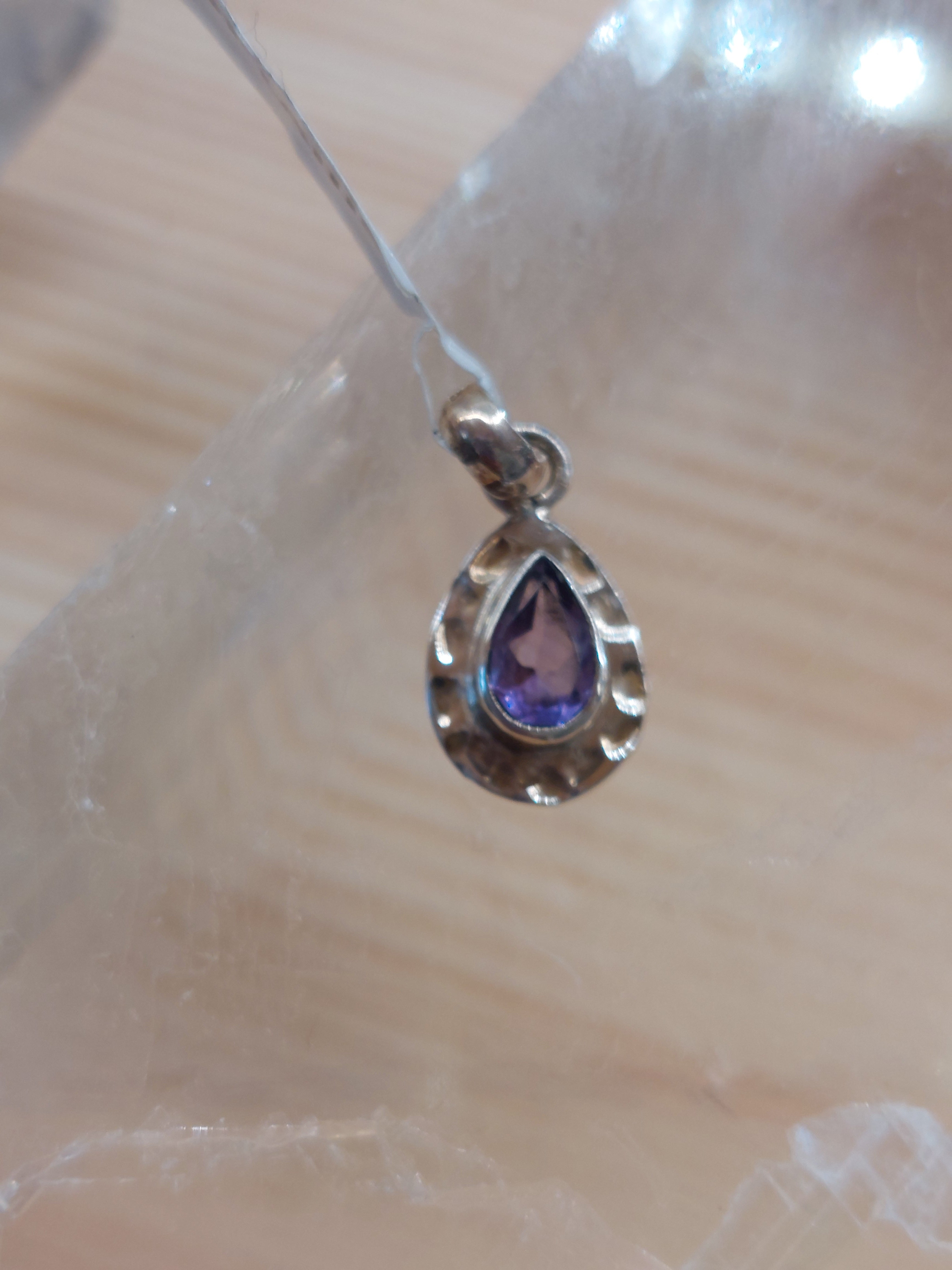 Amethyst Faceted Teardrop Pendant with hammered finish - 925 Sterling Silver