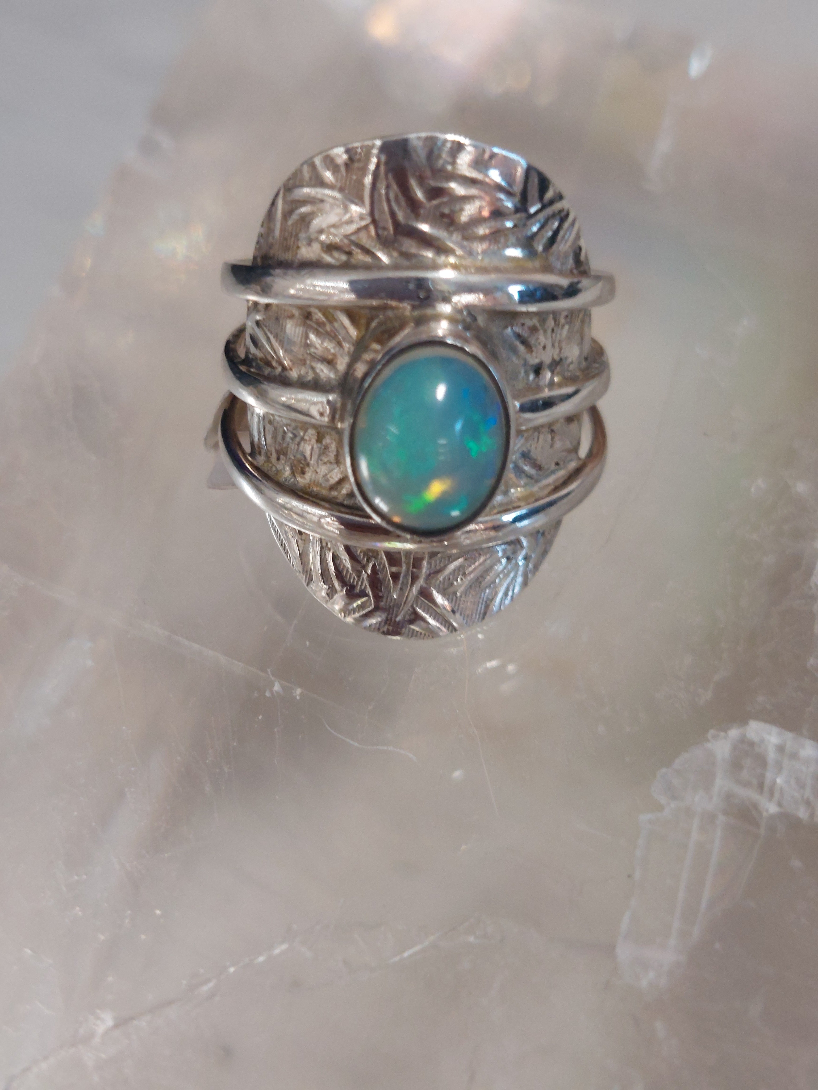 Opal Oval Engraved Silver Ring - Size 6 - 925 Sterling Silver
