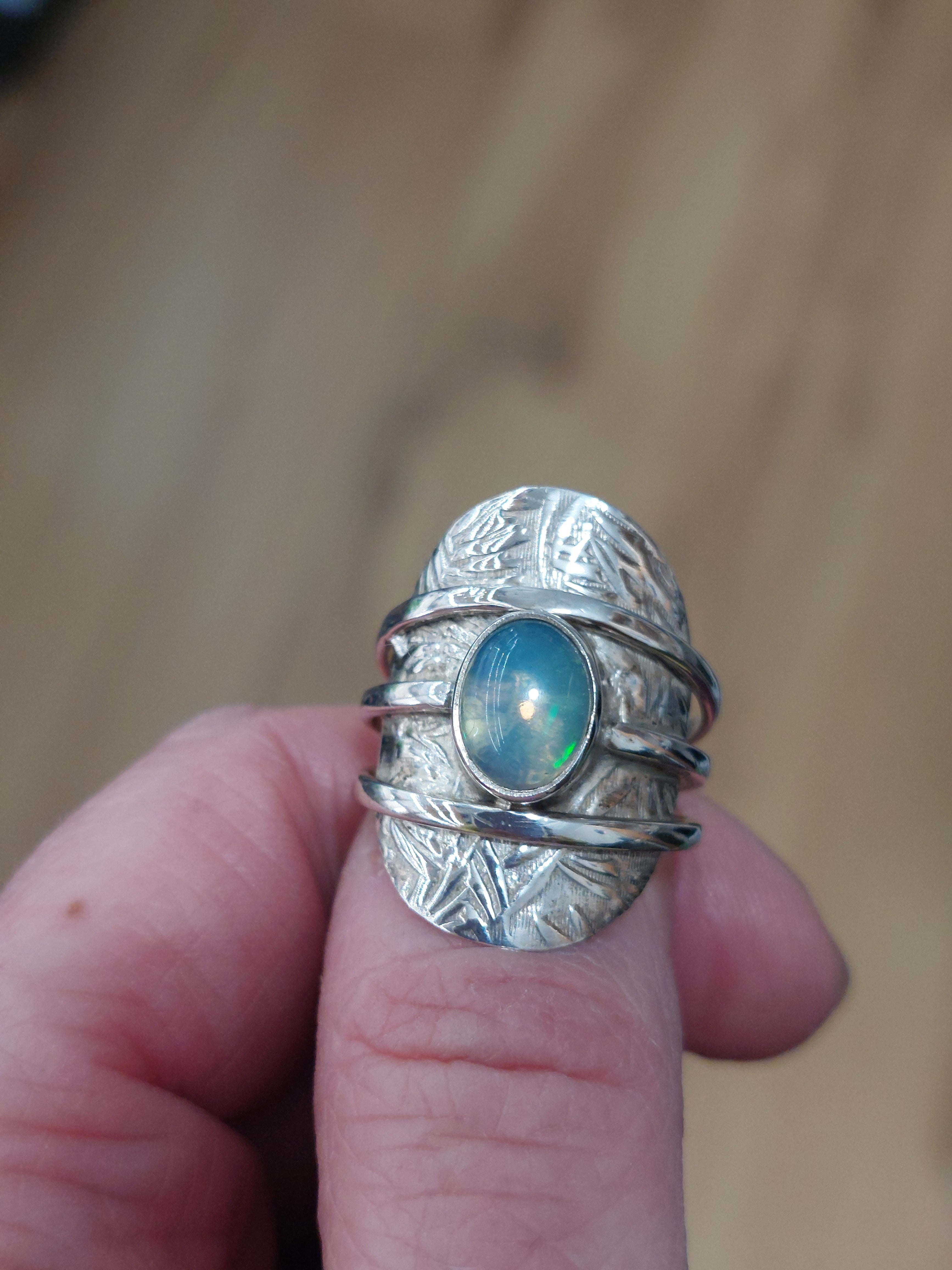 Oval Opal Engraved Silver Ring - Size 8 - 925 Sterling Silver