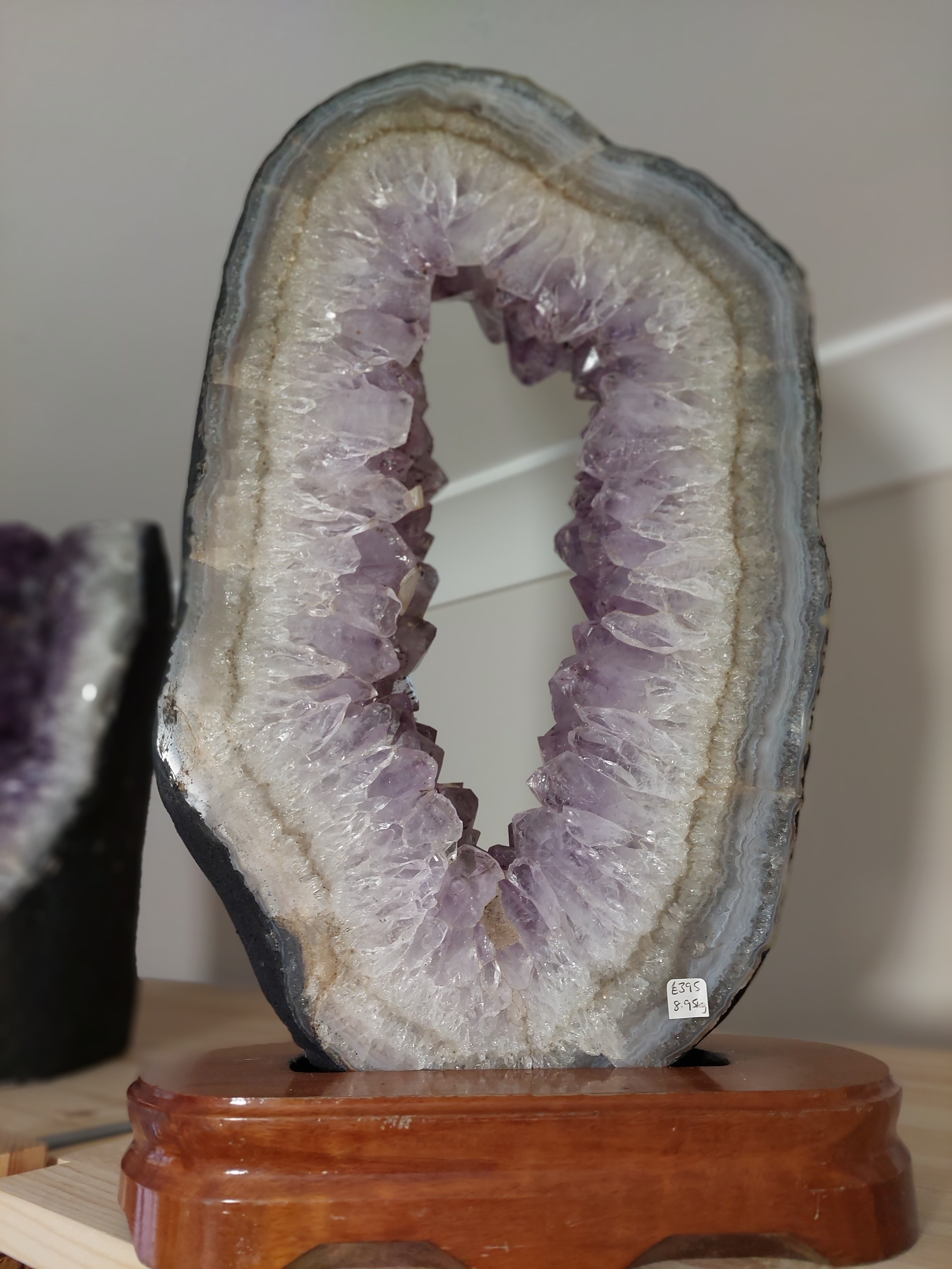 Amethyst and Agate Portal Slice Geode with Wooden Stand