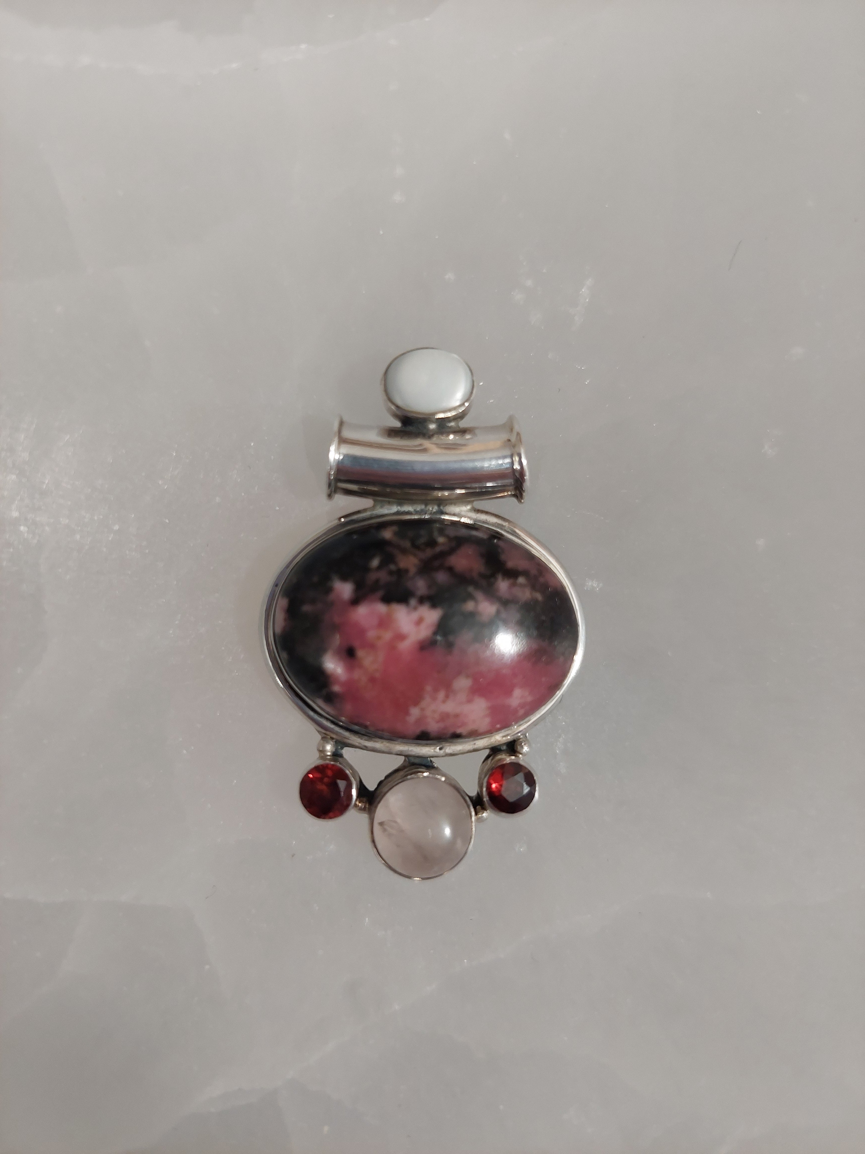 Rhodonite Pendant with Oval Stone and Garnet, Rose Quartz & Mother of Pearl - 925 Sterling Silver