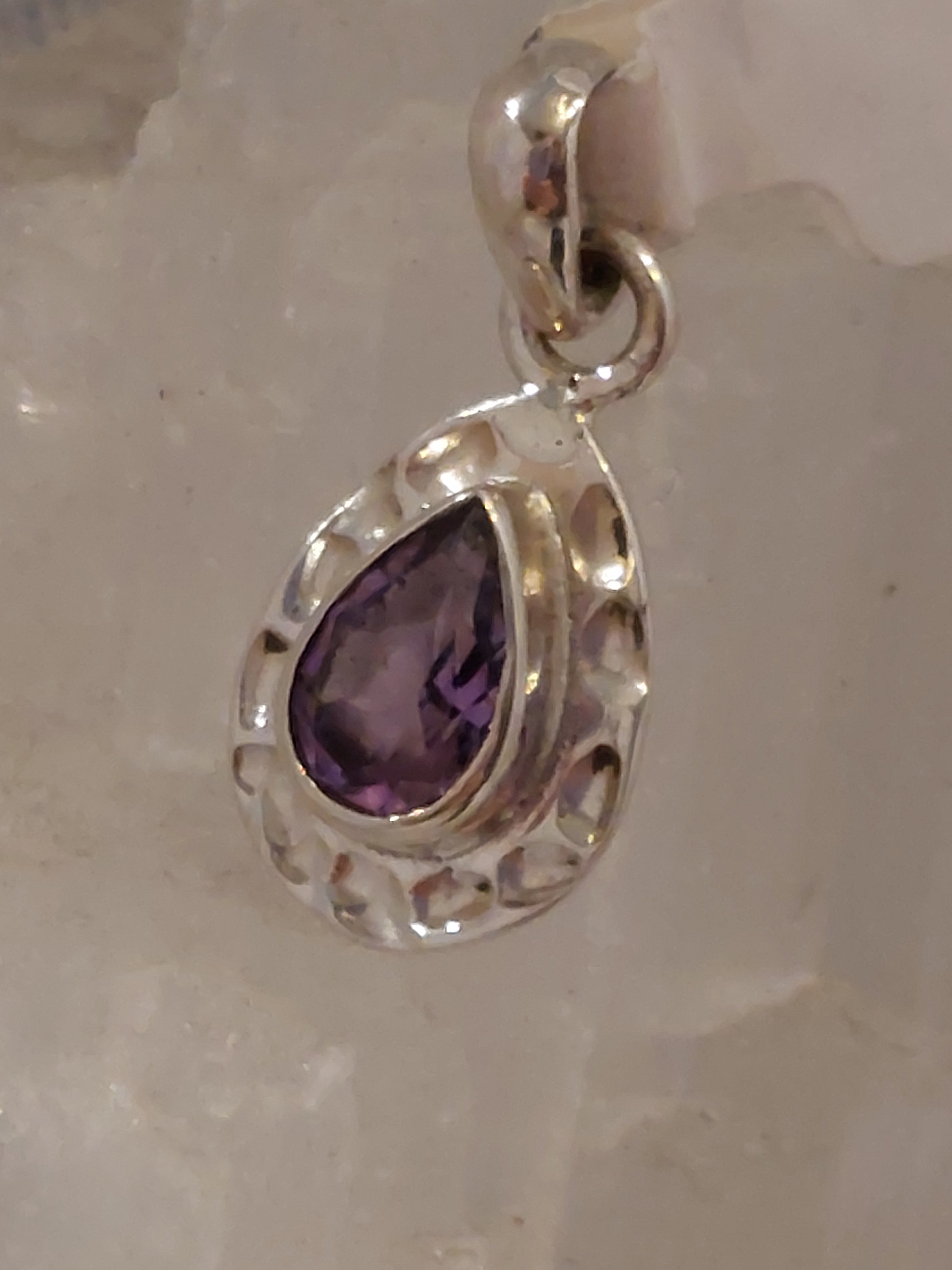 Amethyst Faceted Teardrop Pendant with hammered finish - 925 Sterling Silver