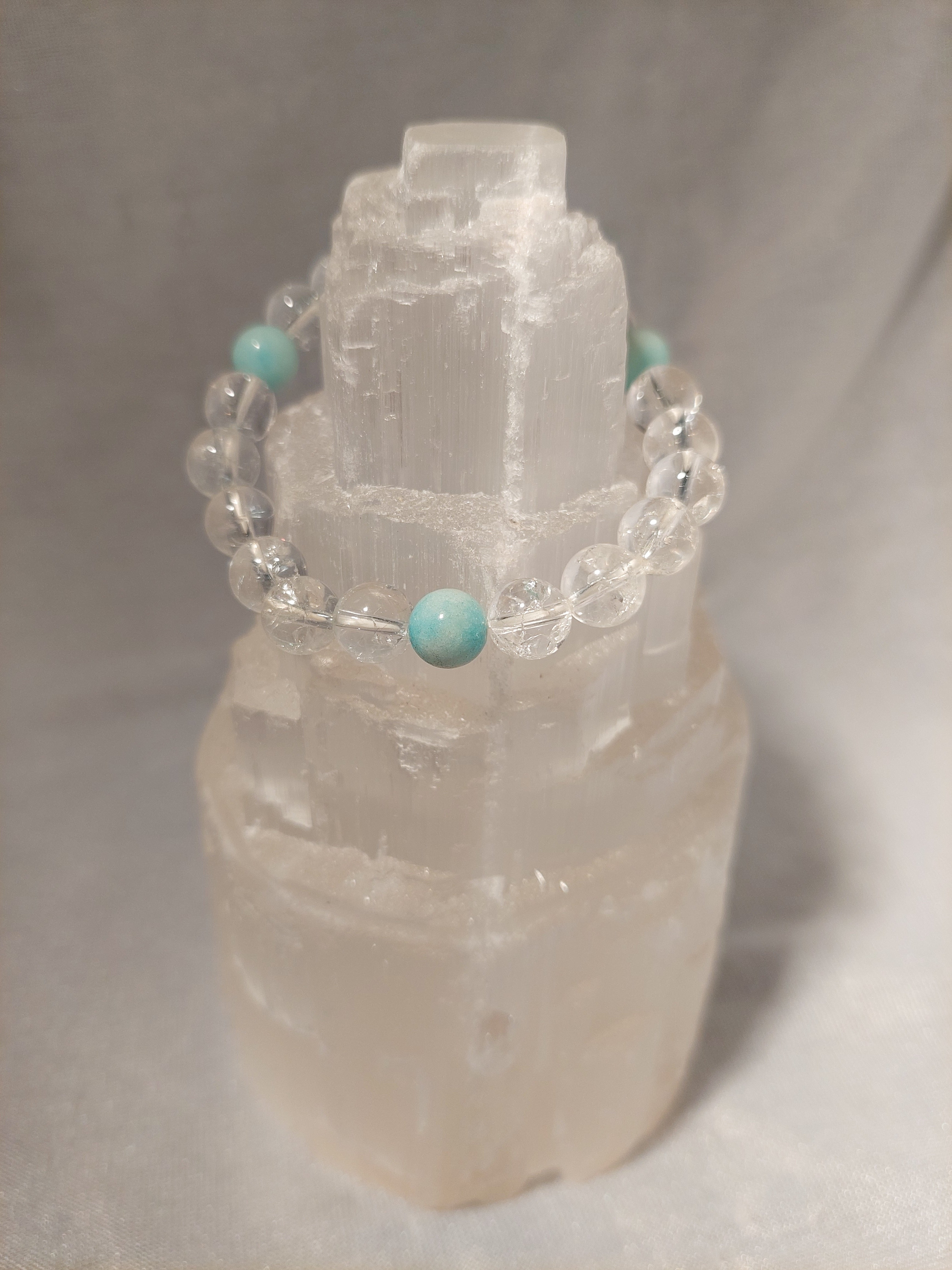 Amazonite and Clear Quartz Round Bead Bracelet - 8 & 9 mm Beads