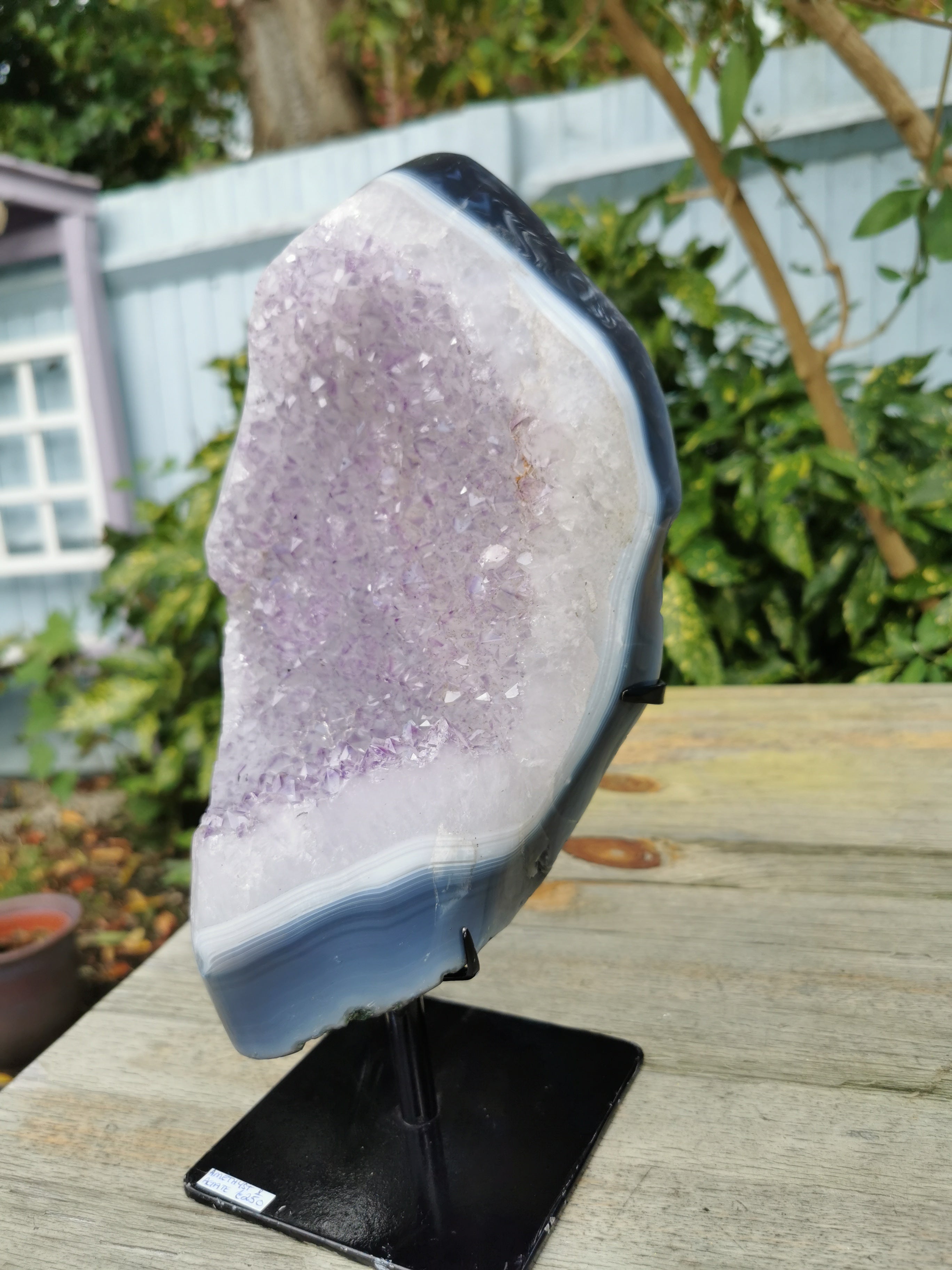 Amethyst Druse with Polished Agate Surround on Removable Metal Stand
