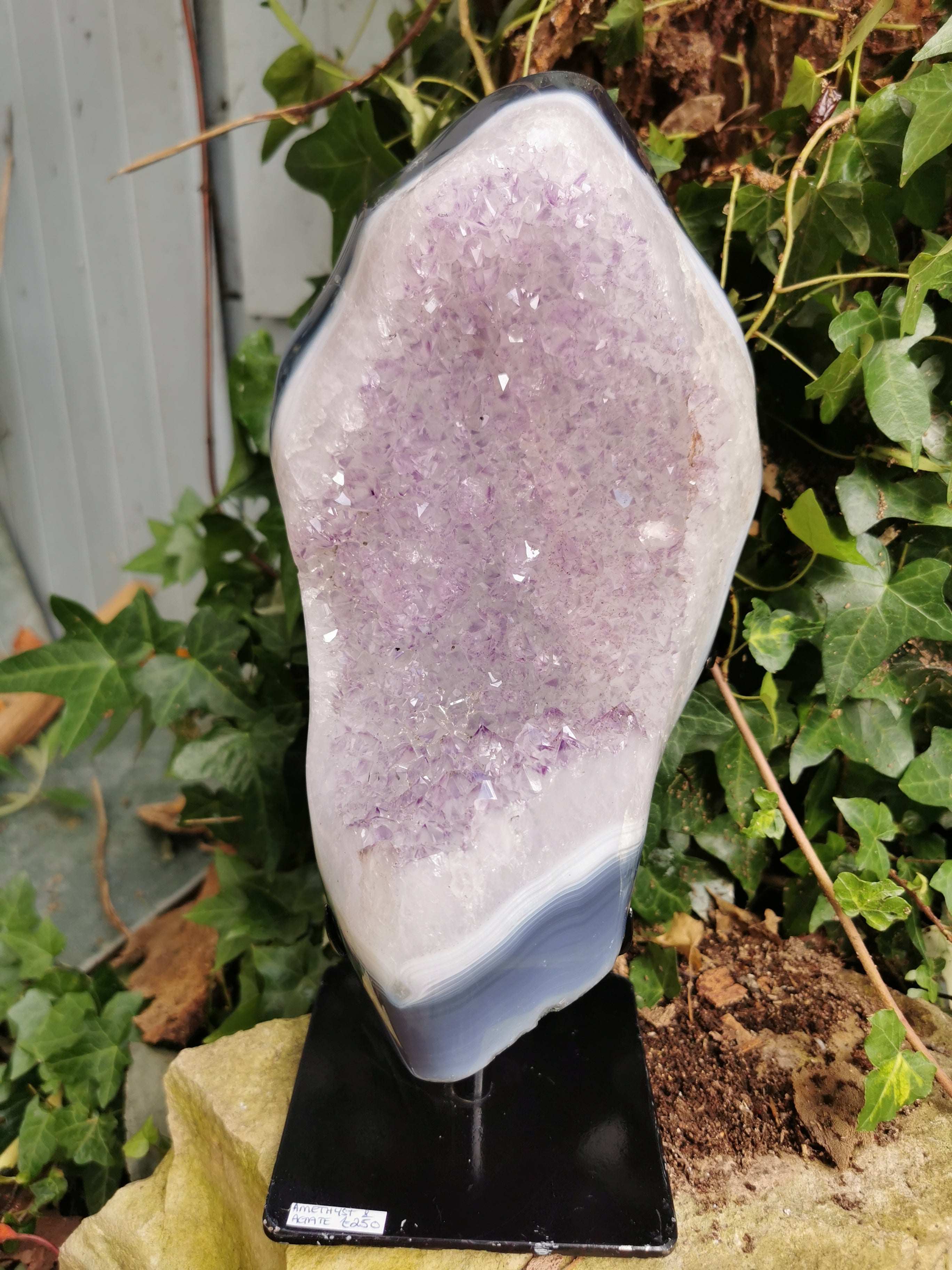 Amethyst Druse with Polished Agate Surround on Removable Metal Stand