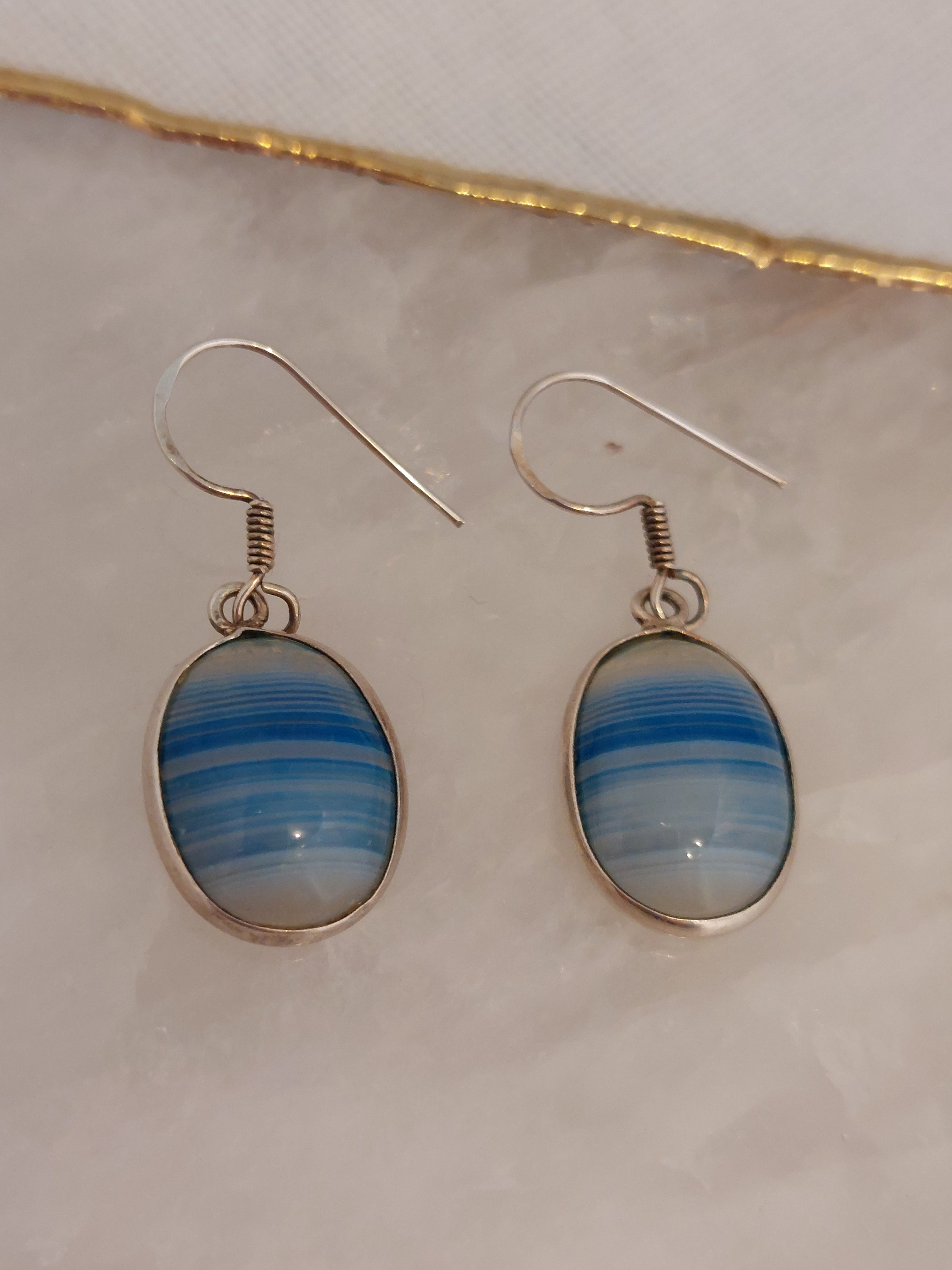 Oval banded Blue Agate stone set in Sterling Silver 