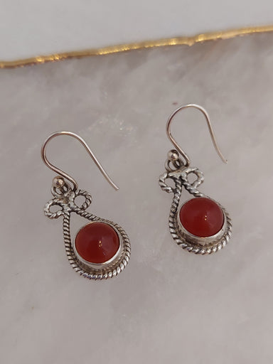 Round Carnelian stone set in Sterling Silver  fancy rope style setting in teardrop shape