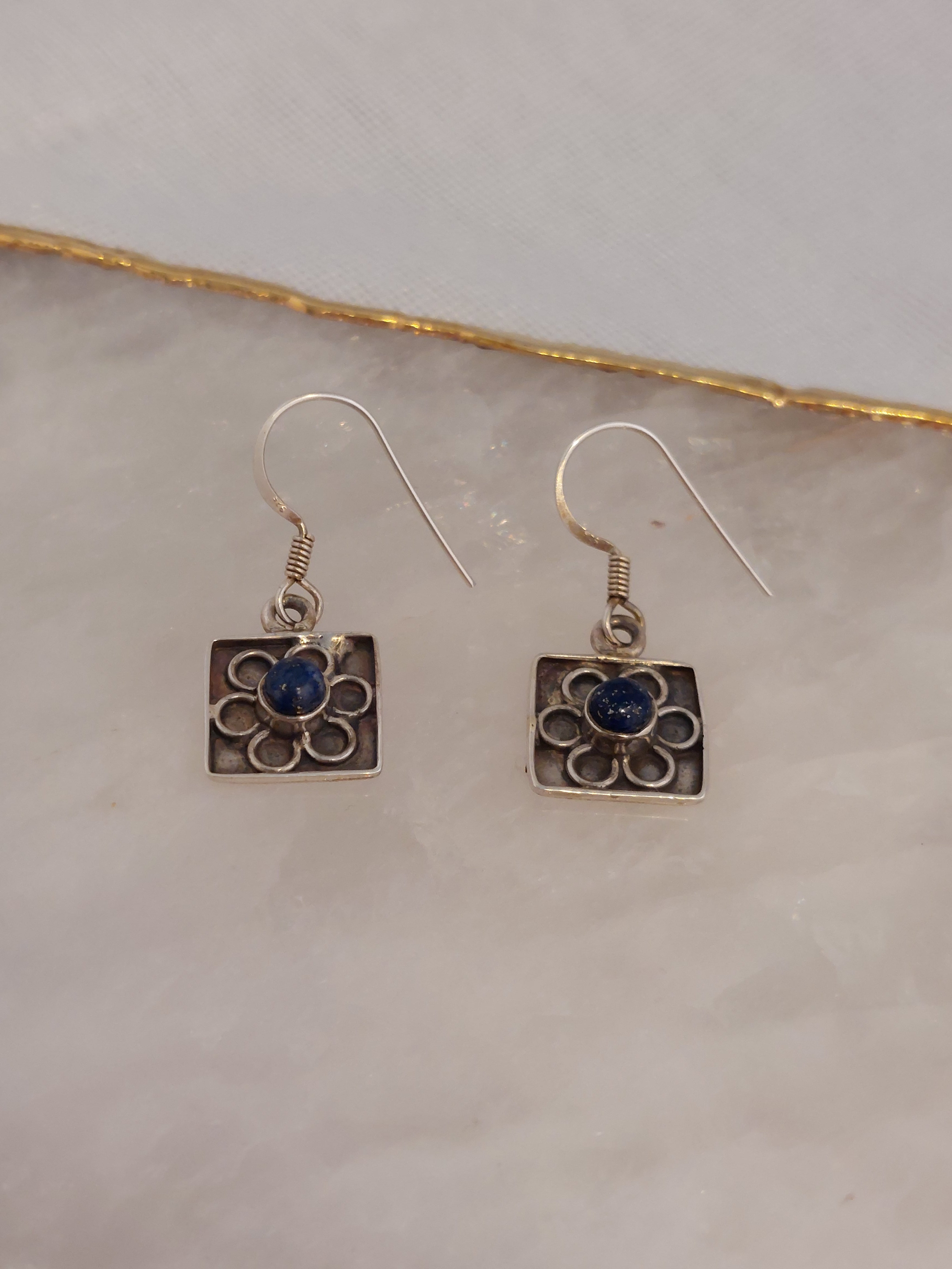 Lapis Lazuli Square Flower Drop Earrings