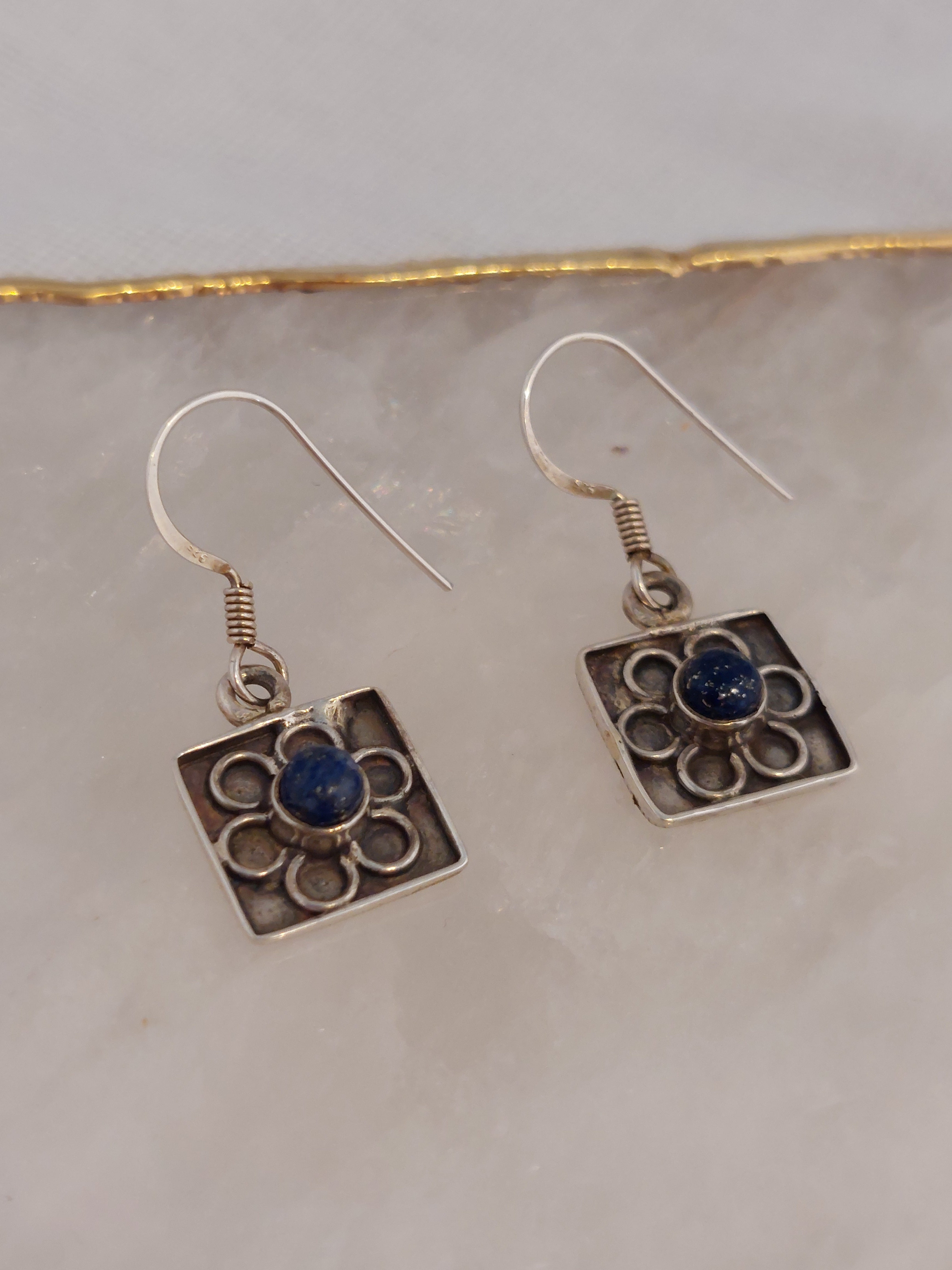 Lapis Lazuli Square Flower Drop Earrings