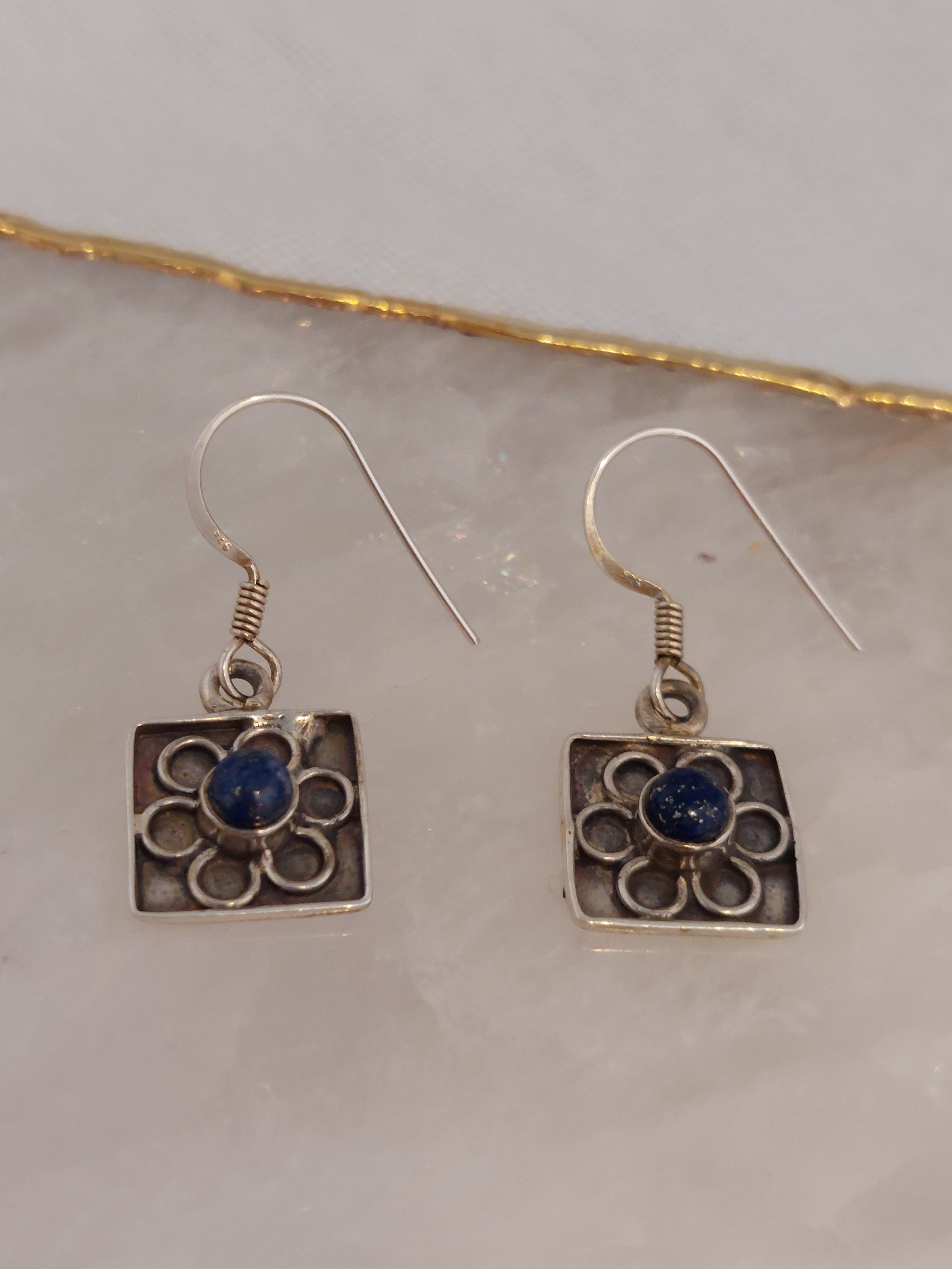 Lapis Lazuli Square Flower Drop Earrings