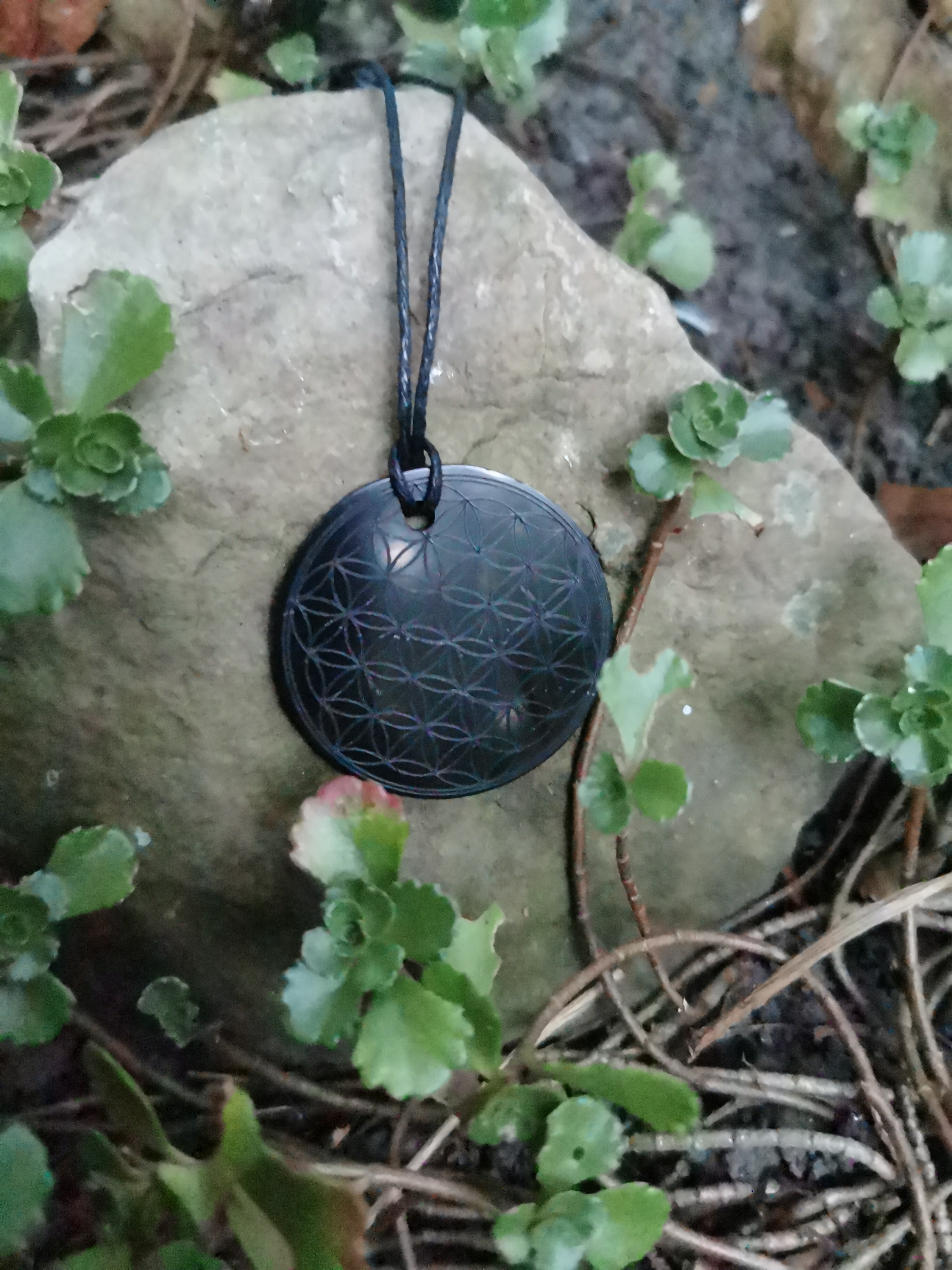 Shungite Necklace - Flower Of Life Engraved Disc