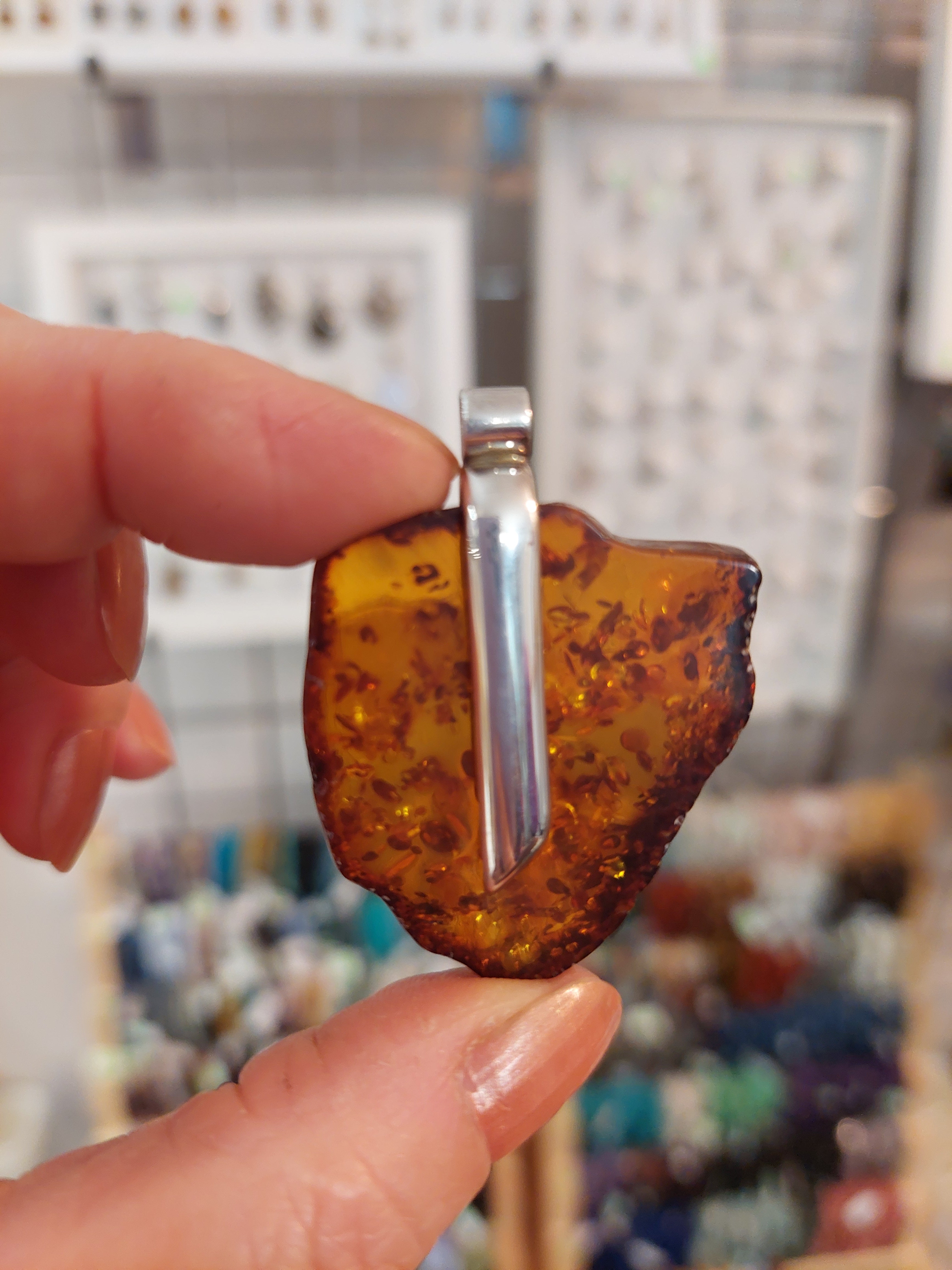 Amber Freeform Pendant with Clip Setting - Sterling Silver