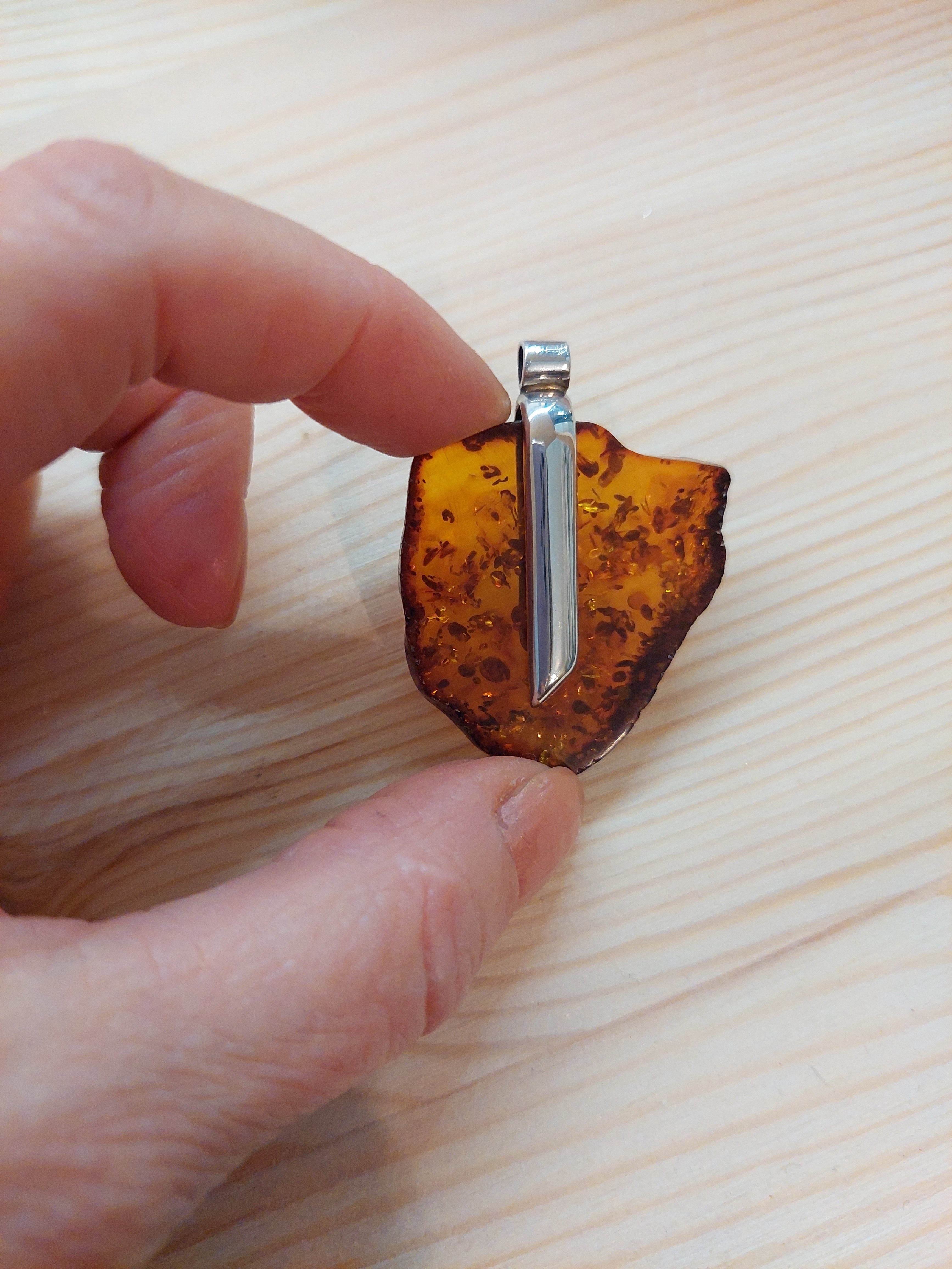 Amber Freeform Pendant with Clip Setting - Sterling Silver