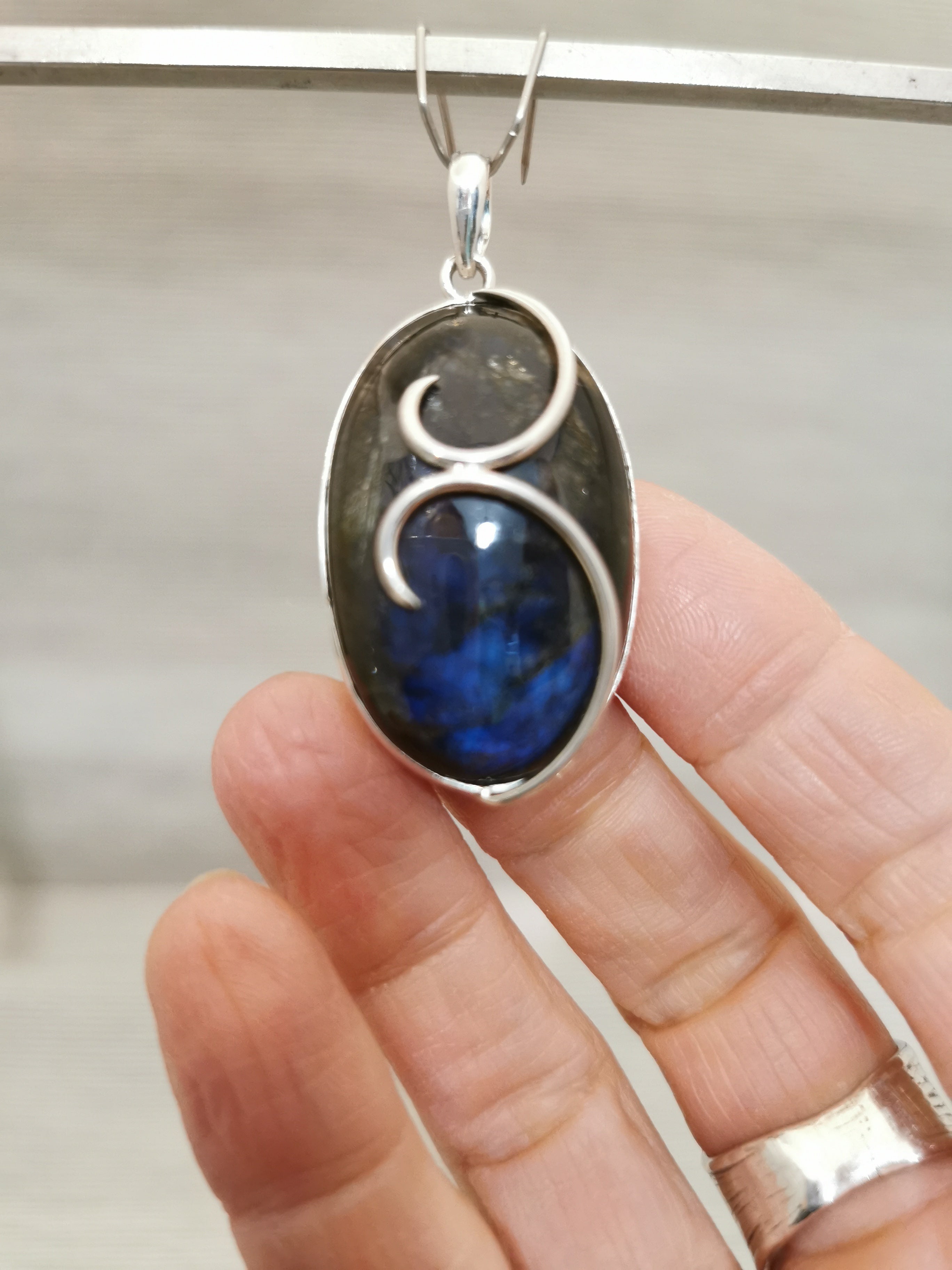 Labradorite Oval Pendant with swirl set in Sterling Silver