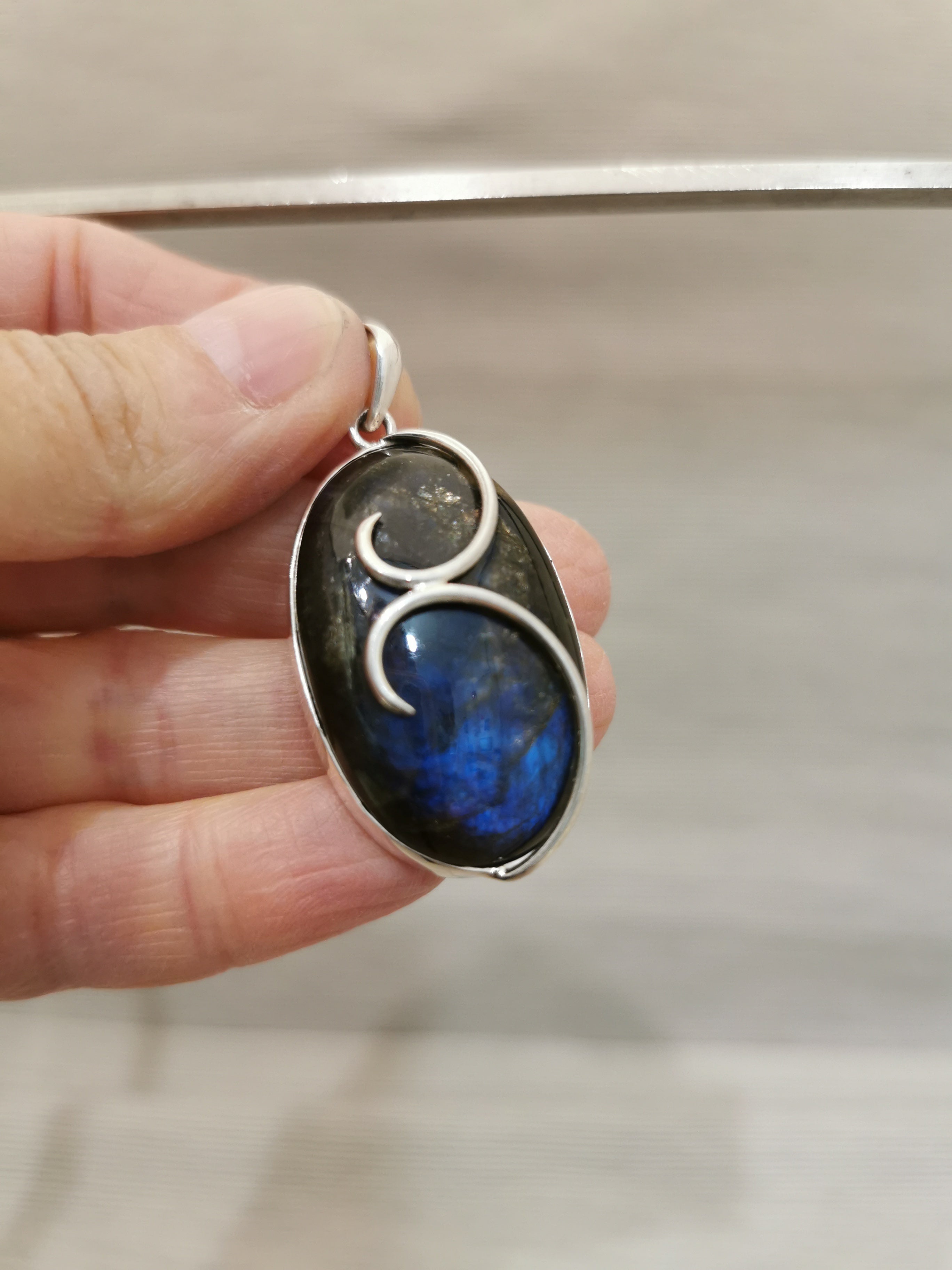 Labradorite Oval Pendant with swirl set in Sterling Silver