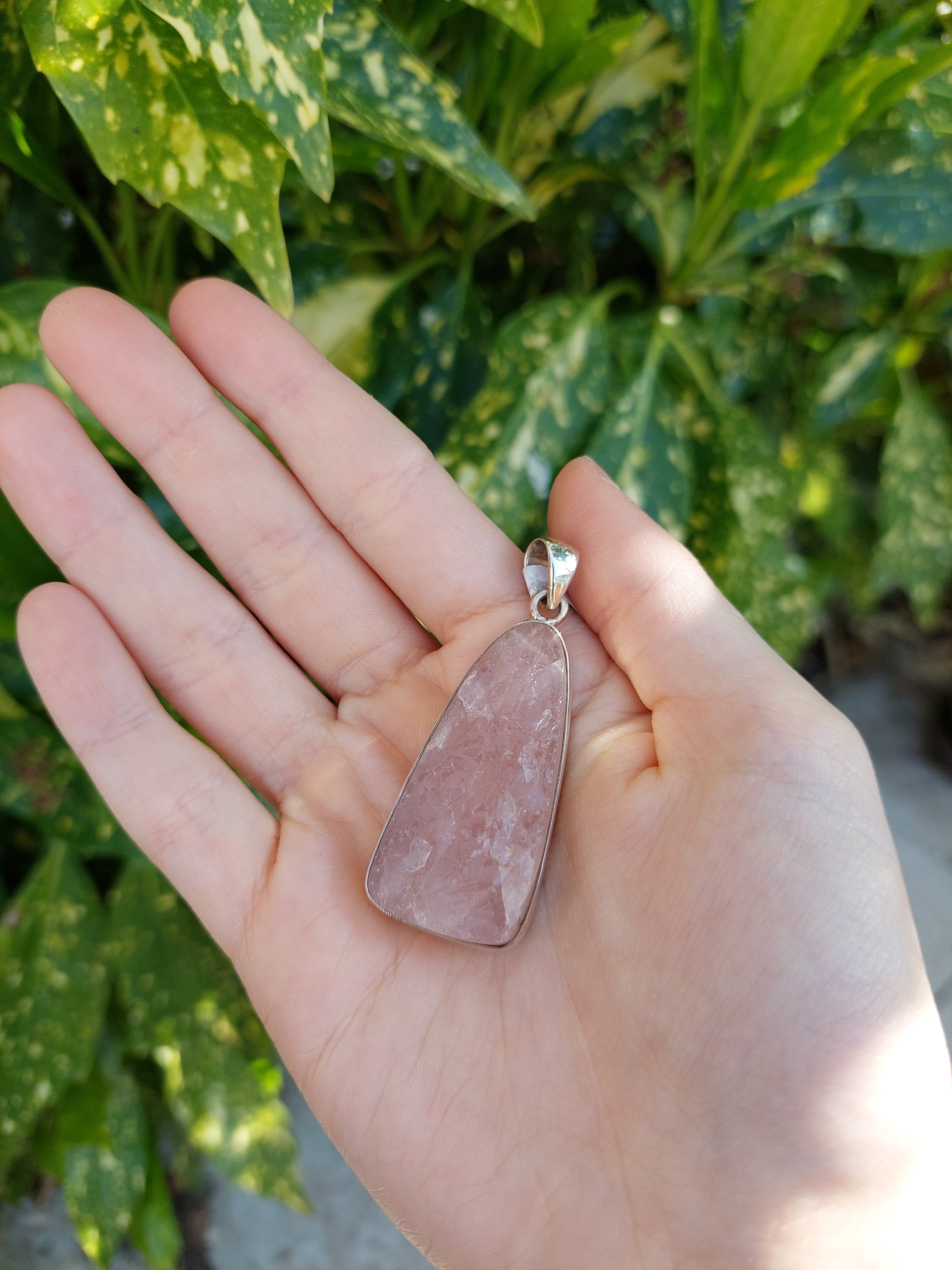 Rose Quartz Unpolished Long Chunky Pendant set in Sterling Silver