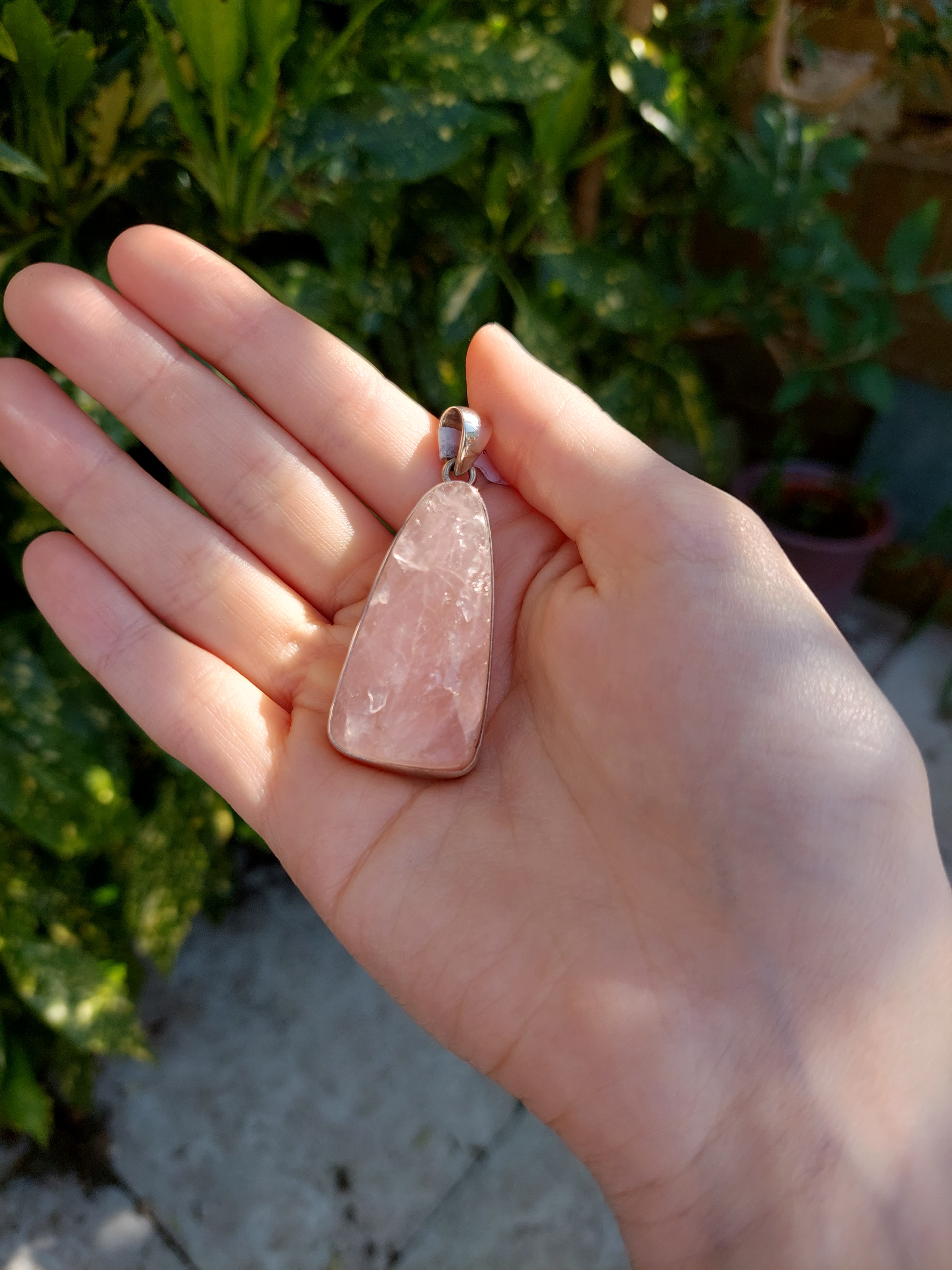 Rose Quartz Unpolished Long Chunky Pendant set in Sterling Silver