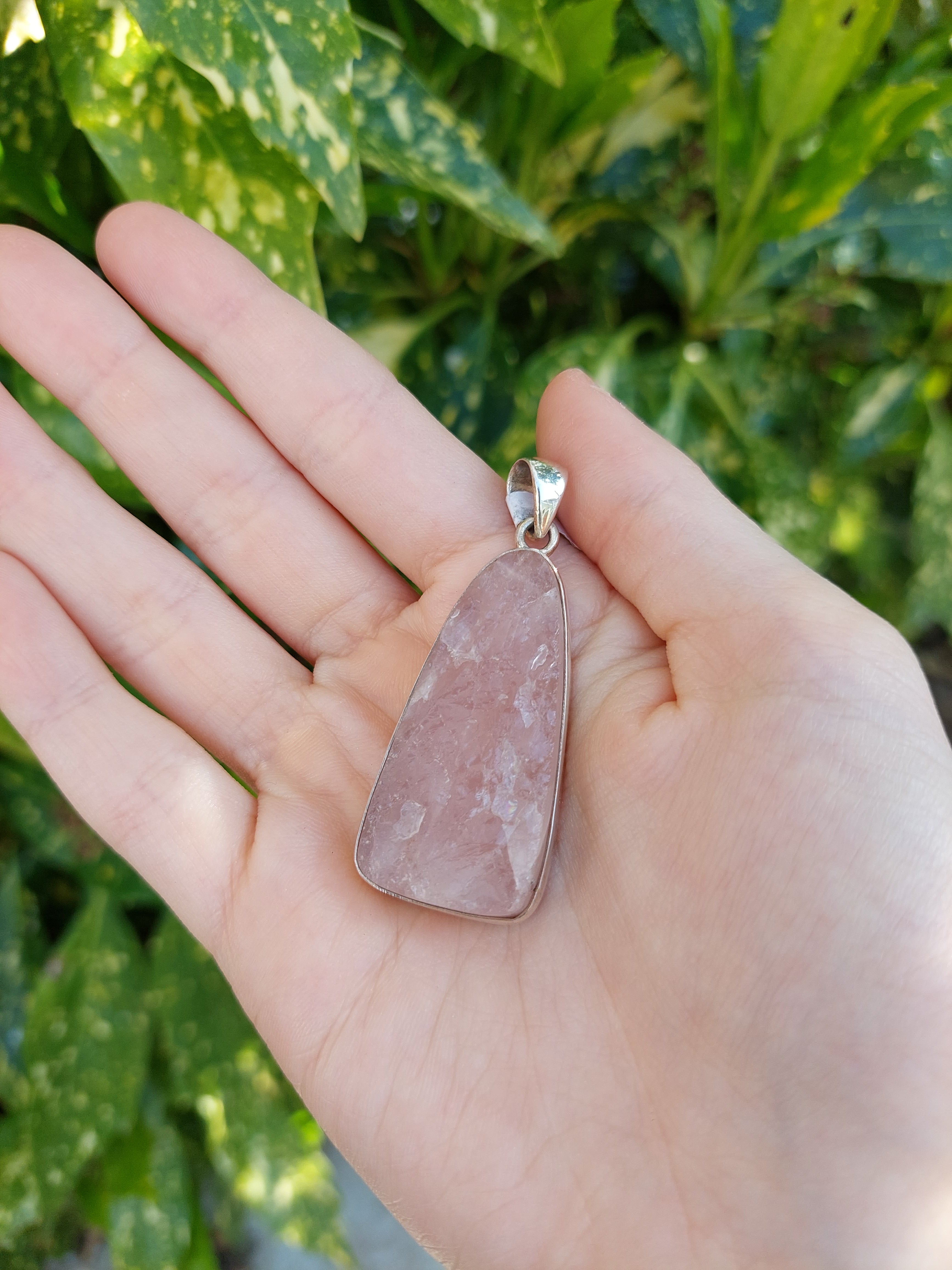 Rose Quartz Unpolished Long Chunky Pendant set in Sterling Silver