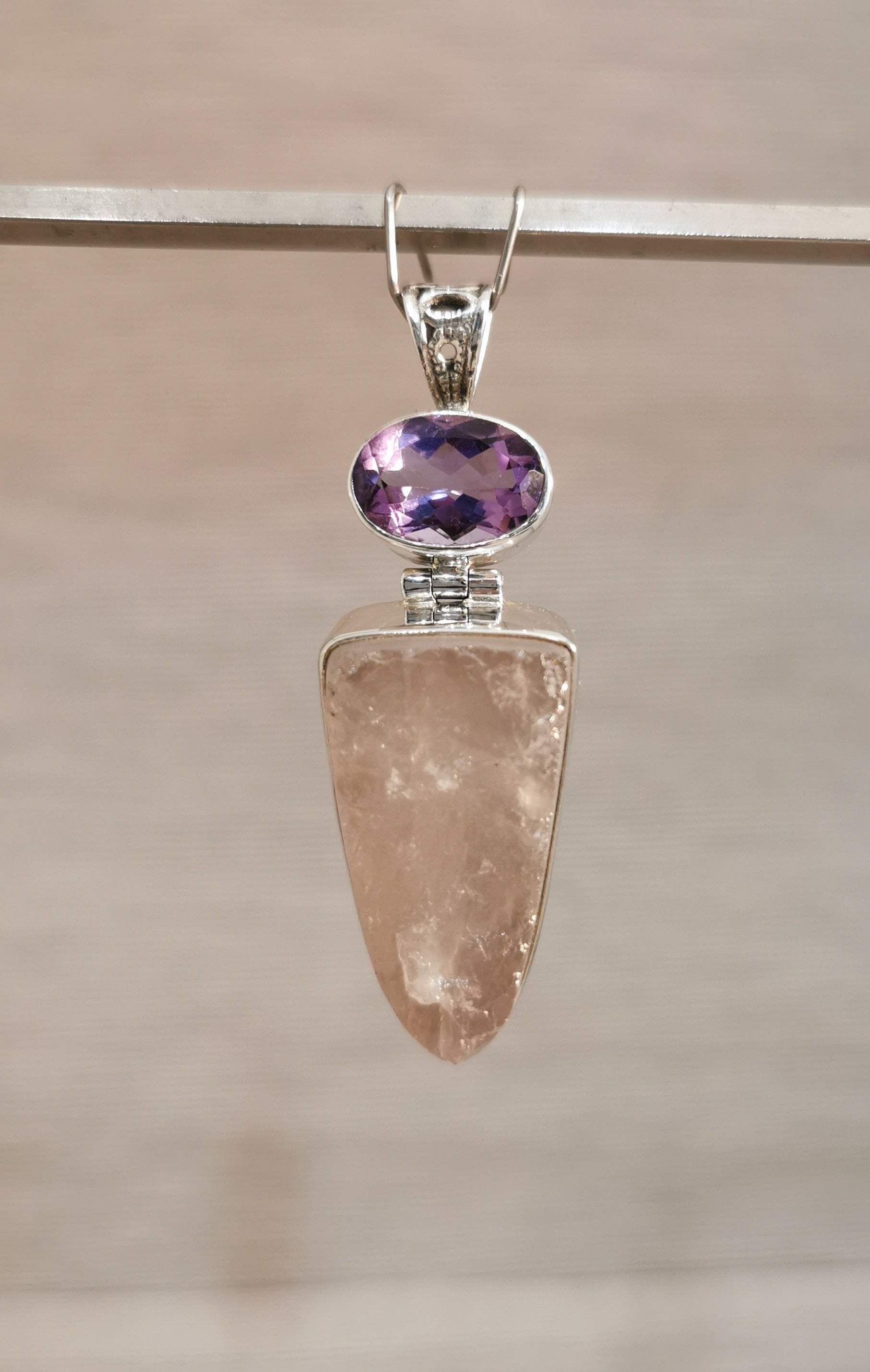 Amethyst Faceted Oval and Natural Rose Quartz Pendant - 925 Sterling Silver