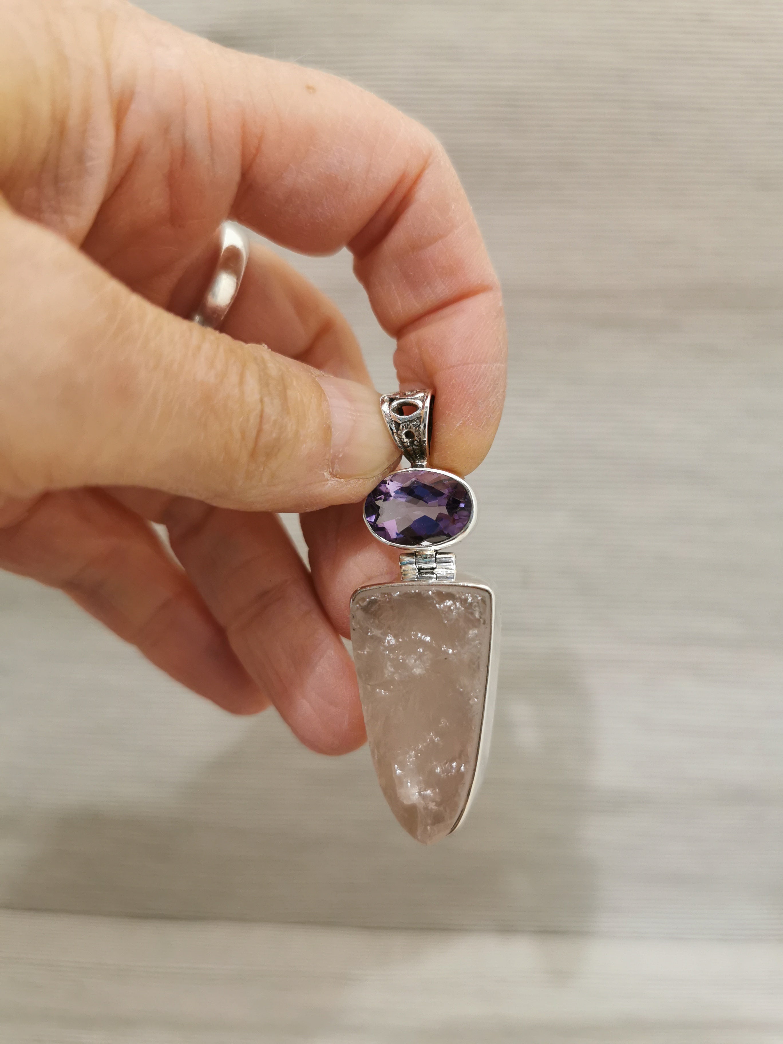Amethyst Faceted Oval and Natural Rose Quartz Pendant - 925 Sterling Silver