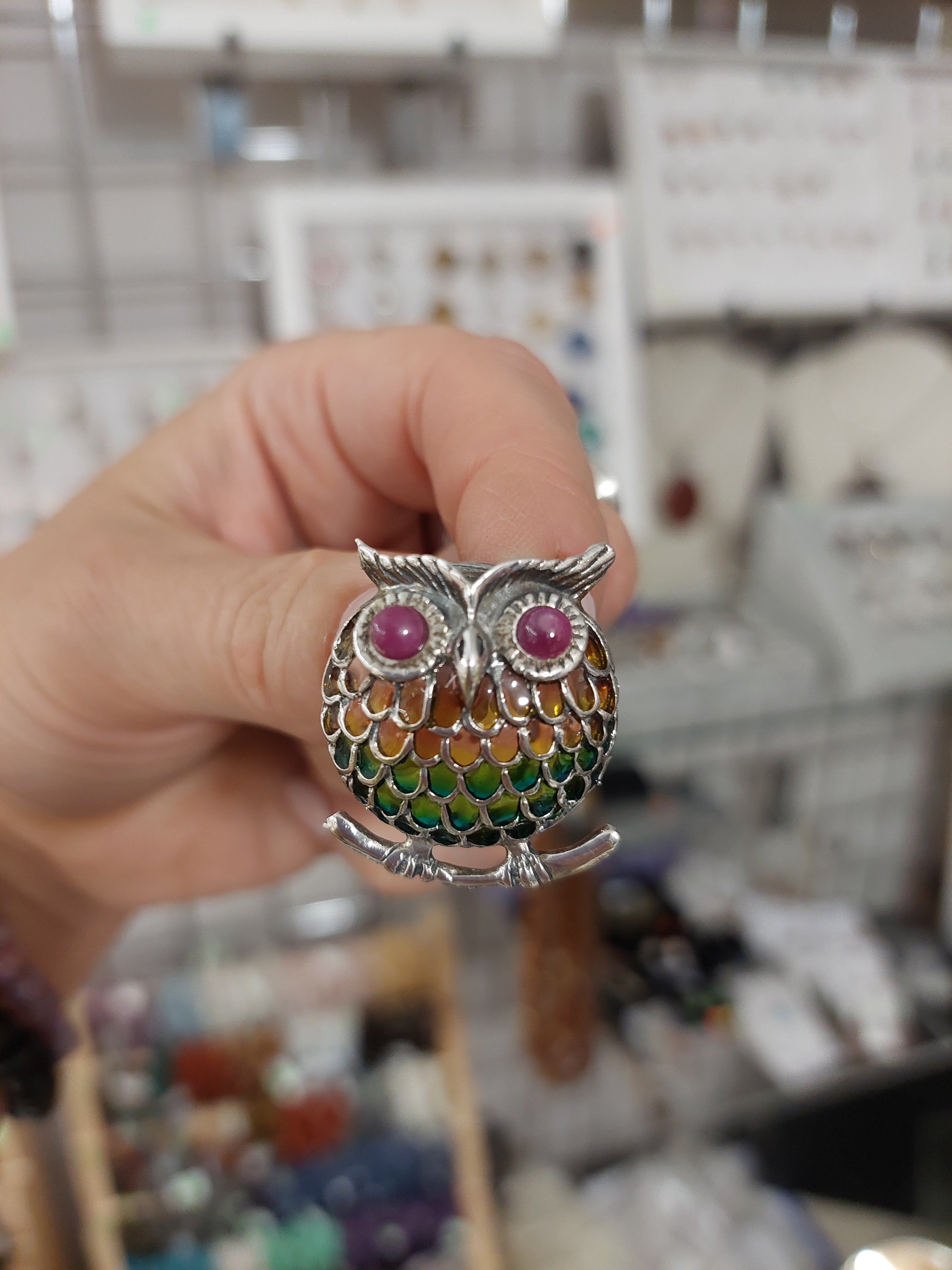 Ruby and Enamel Owl Pendant - Sterling Silver