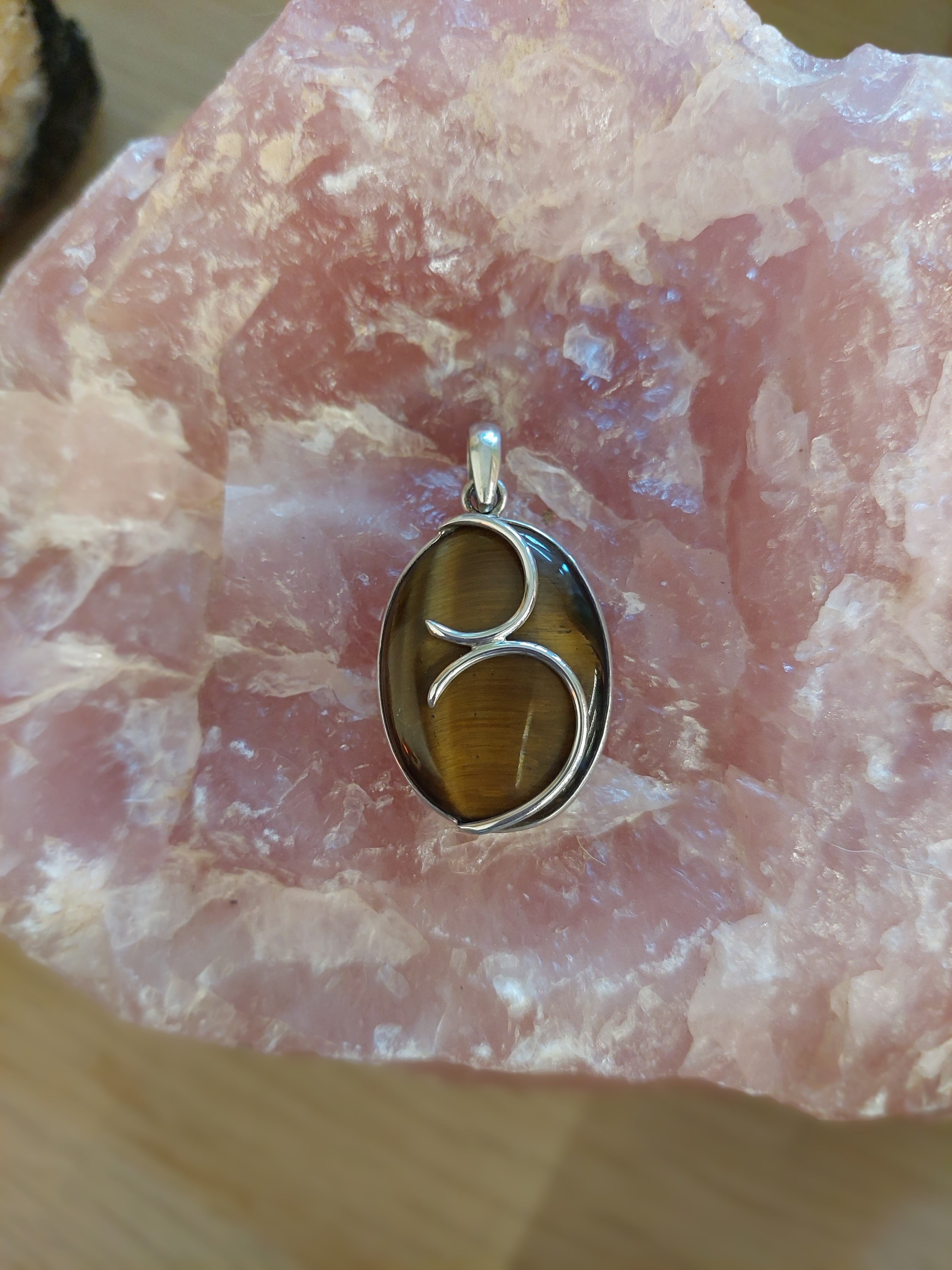 Tiger Eye Oval Double Squirl Pendant - Sterling Silver